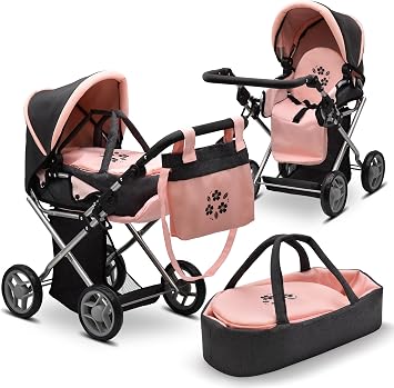 Baby Doll Convertible Pram Stroller with Removable Travel Bassinet Carrier for Kids Adjustable Handle Buggy Carriage with Canopy and Storage Basket 25 Inch Pink, Black