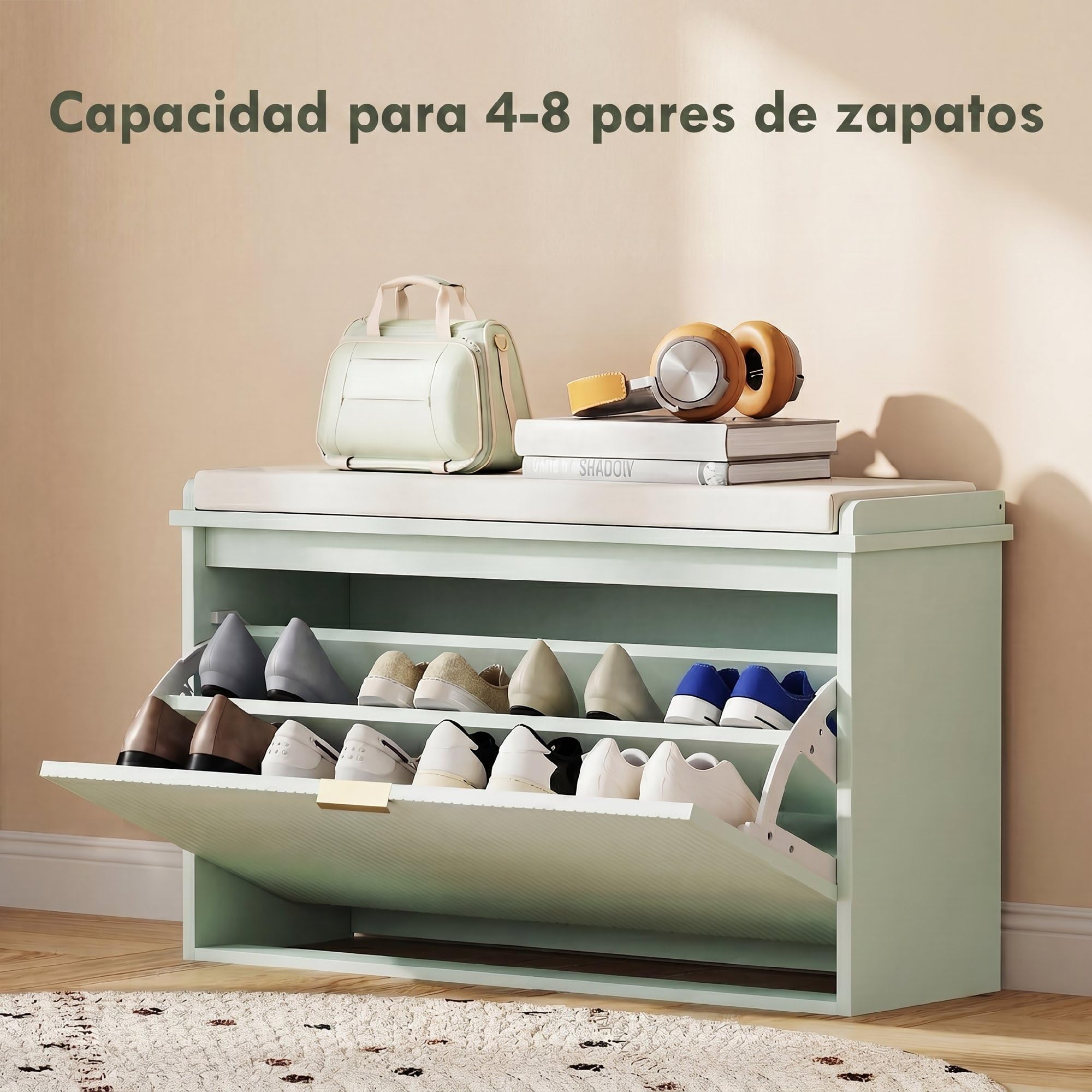 HOMCOM Banco Zapatero Estrecho con Asiento 80x26x47,5cm Verde Claro | Banco Recibidor, Asiento Acolchado, Cajón Abatible, Estante Ajustable, para 8 Pares de Zapatos, para Entrada, Dormitorio