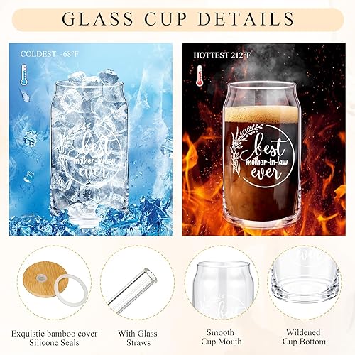 Miniatura 3 de Nuanchu Juego de 5 piezas de regalo para la mejor mamá, taza de cristal de regalo para suegra con tapas de bambú y bolsa de maquillaje con pajita,