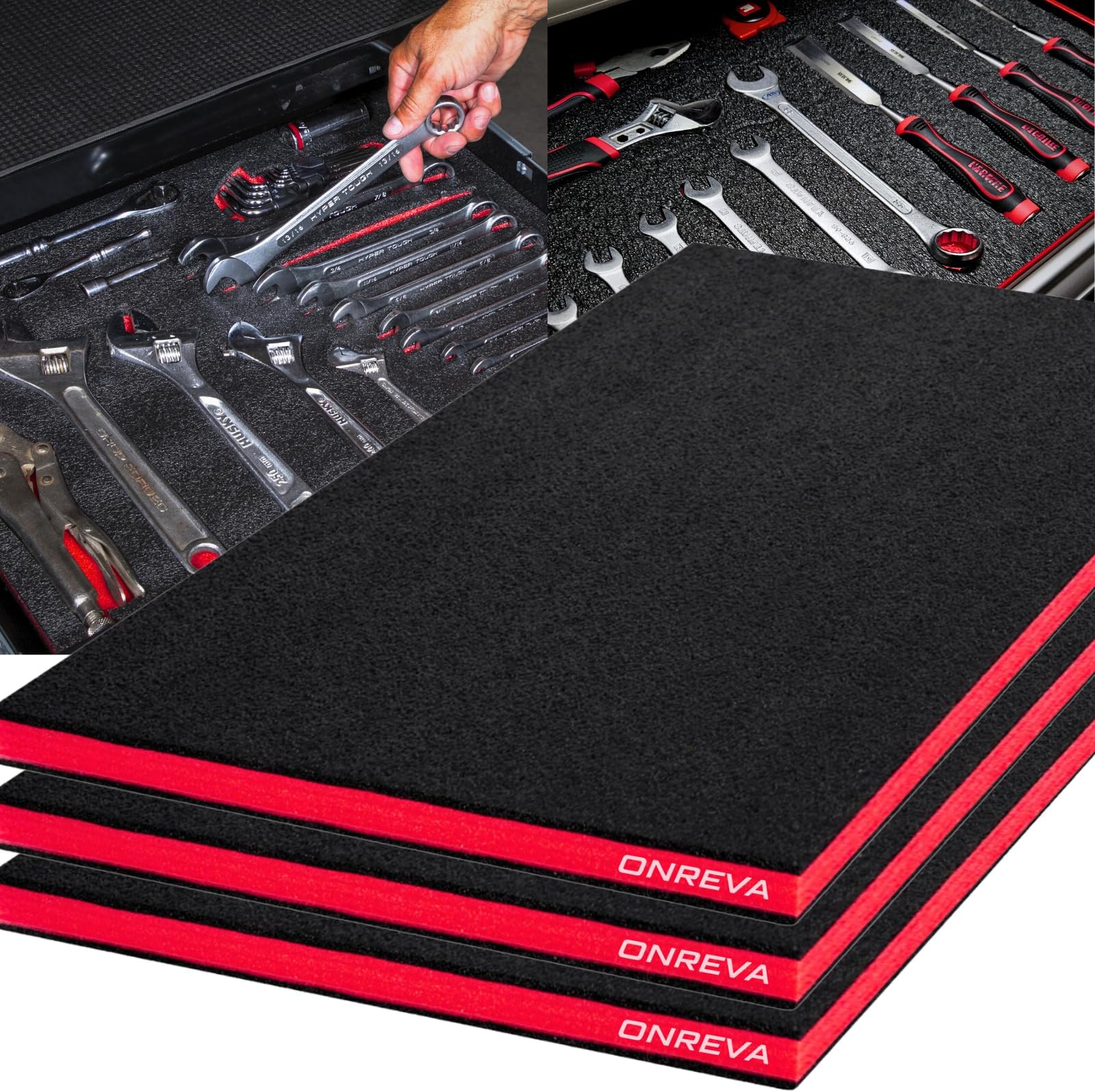ONREVA Tool Box Foam 18x12x1 inch 3Pack, Foam Inserts for Cases, Polyethylene Storage Sheets for Toolbox Hard Case, Tool Shadow Insert, Kaizen Organizer Sheet, Black with Red