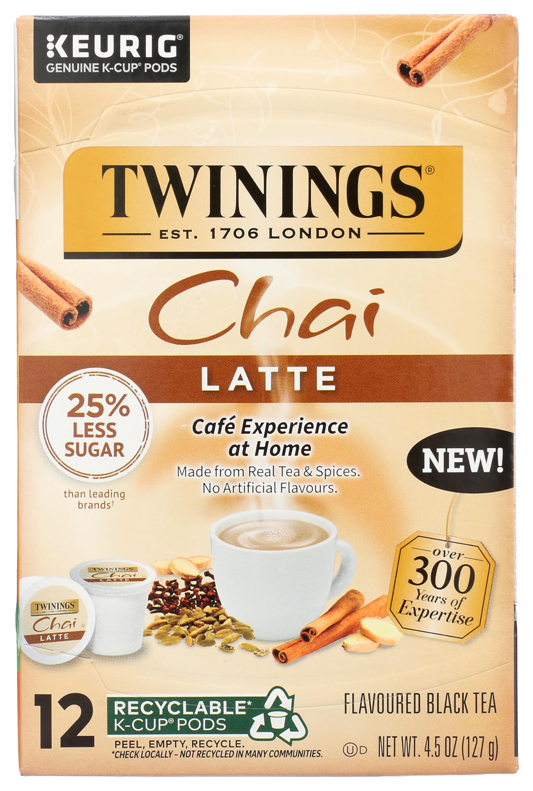 Chai Latte Tea K-Cup Pod for Keurig, Creamy, Slightly Sweet, Less Sugar, Caffeinated, 12 Count