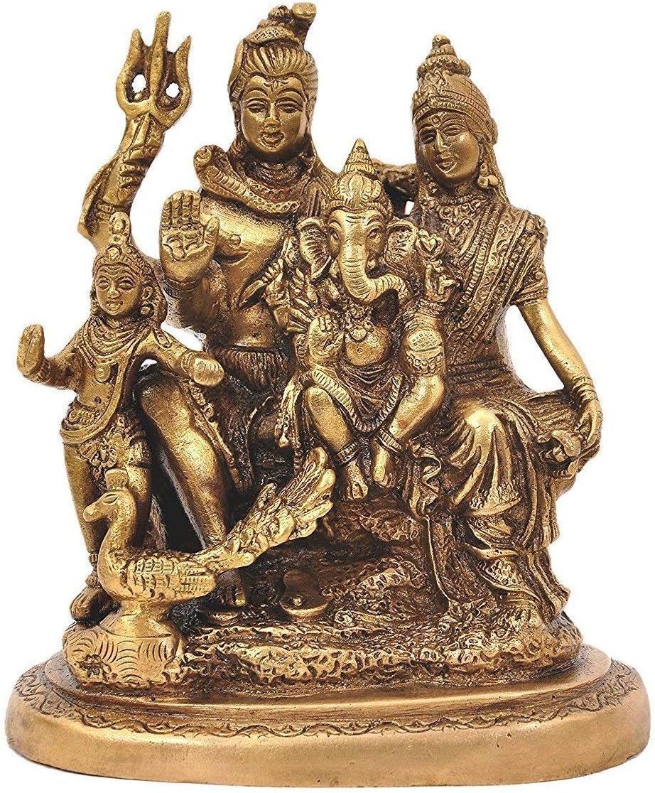 Kartique Brass Shiva Parvati - Shiv Parivar Bholenath Shankar Ganesh Family Murti Idol Statue Sculpture Height 6 Inches (6" Antique)
