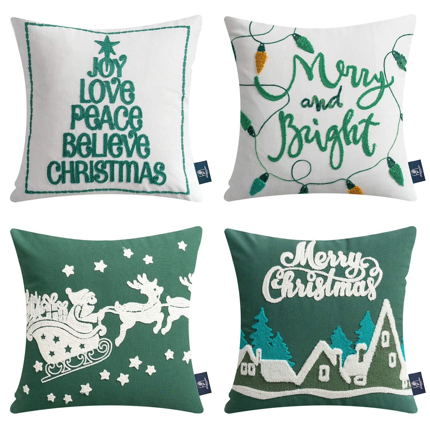 PhantoscopeSet of 4 Merry Christmas Decorative Cotton Canvas Throw Pillow Covers with Embroidered Letter, Santa, Elk, Latern Cushion Cover for Xmas Couch Sofa, Green, 18 x 18 inches