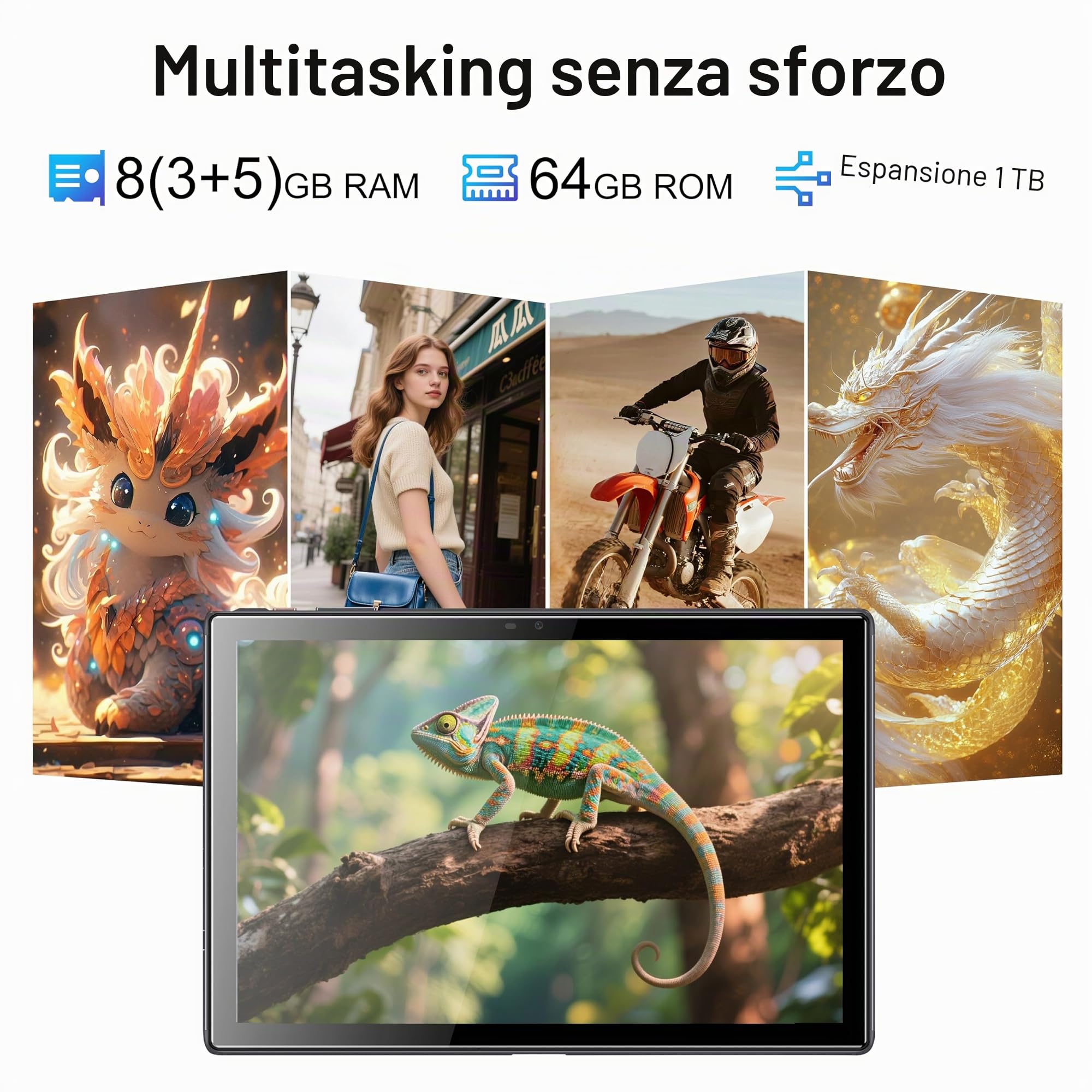 Tablet 10 Pollici Android Tablet 8GB RAM + 64GB ROM Quad-Core 5000mAh 1280x800 HD Touch Screen 5MP + 8MP HD Camera Bluetooth Tablet PC (Grigio) (8+64GB)