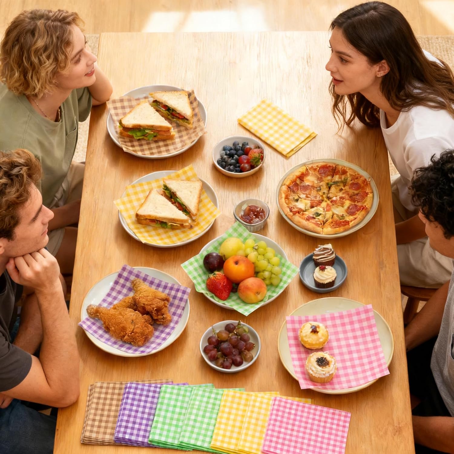 100 PCS 5 Colors Checkered Waxed Deli Paper Sheets, 7.1x7.1 Inch Greaseproof Food Basket Liners, Squares Checkered Sandwich & Burger Wrapping Wax Paper, Tray Parchment Liners for Picnics, Restaurants