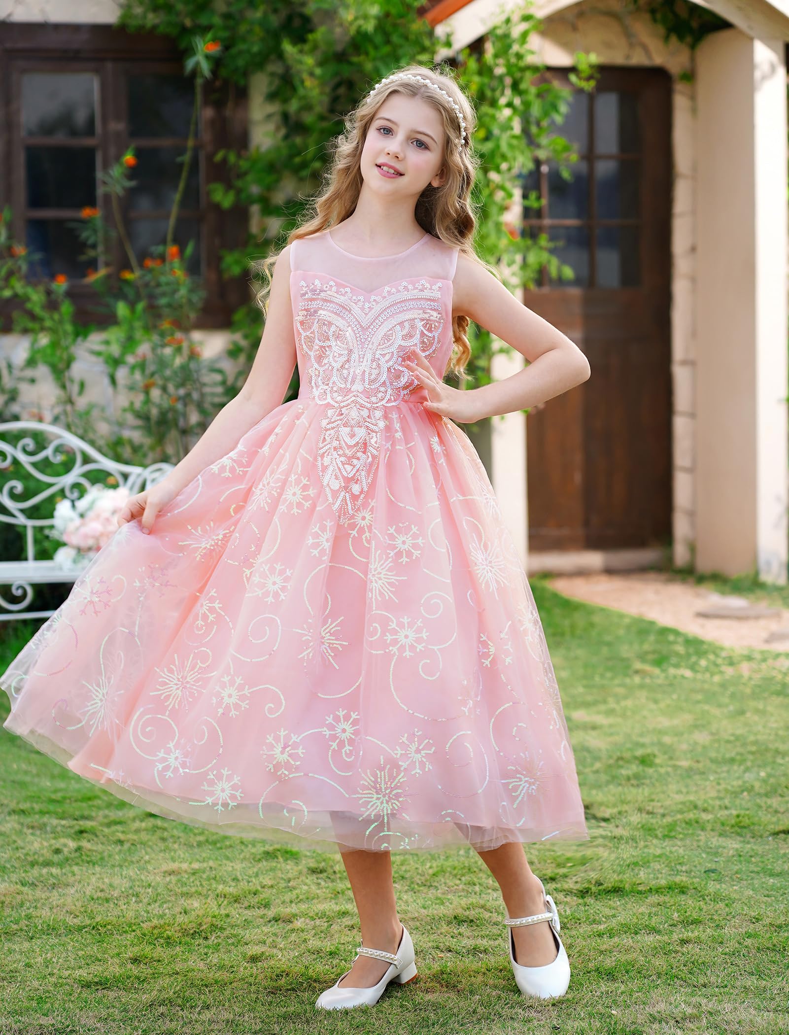 IDOPIP Enfant Fille Les Sequins Broderie Tulle Longue Robe Demoiselle d'honneur Fille Fleur Mariage La Fête Bal Officiel Soirée Anniversaire