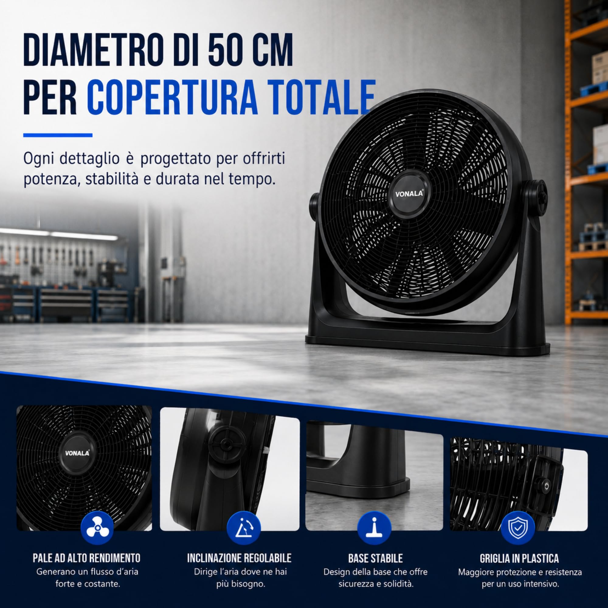 Vonala Ventilatore da pavimento e parete industriale, 100 W, potente 50 cm, silenzioso, ABS, antivibrazione, per esterni e interni, nero, potenti e silenziosi