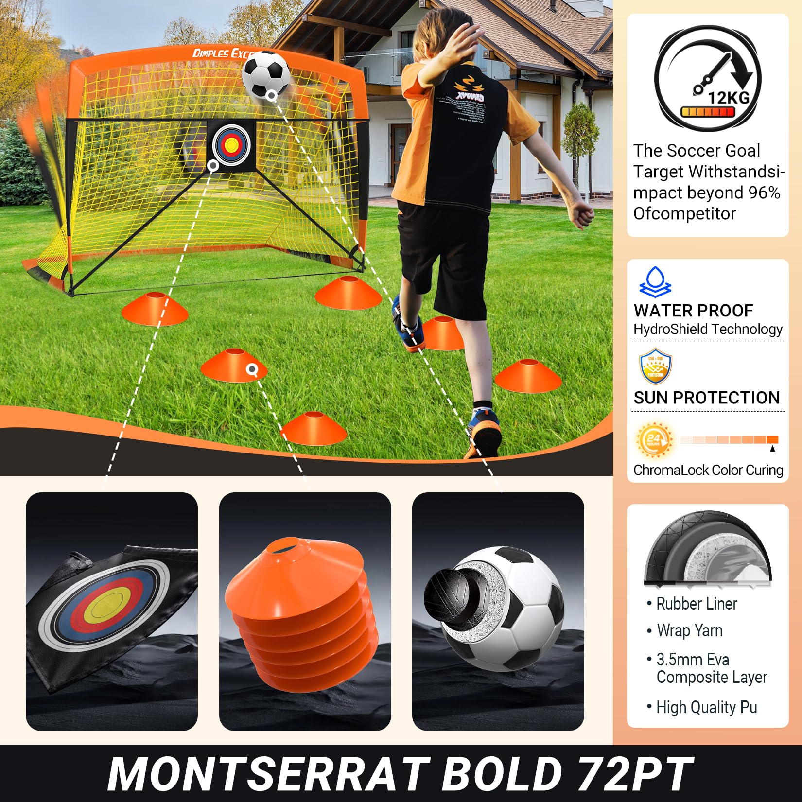 Dimples Excel Soccer Goals - Red de fútbol para niños para Patio Trasero de 7 x 5 pies, 5 x 3.6 pies, 4 x 3 pies, 3 x 2.2 pies