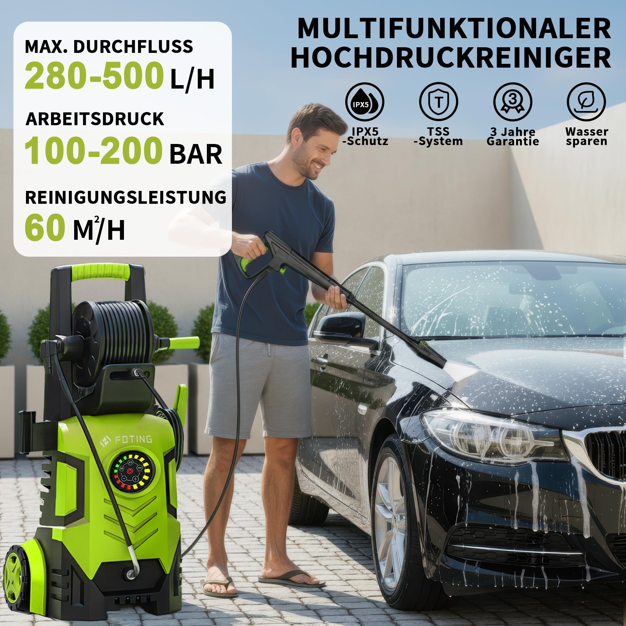 2026New Hochdruckreiniger Touchscreen 8-stufiger 200 Bar, 6-in-1-Düse, 90cm Gerätehöhe, Einstellbarer Druck 100-200bar, Fördermenge 280-500l/h, Flächenleistung 60m²/h, mit Schaumkanone Schlauchtrommel
