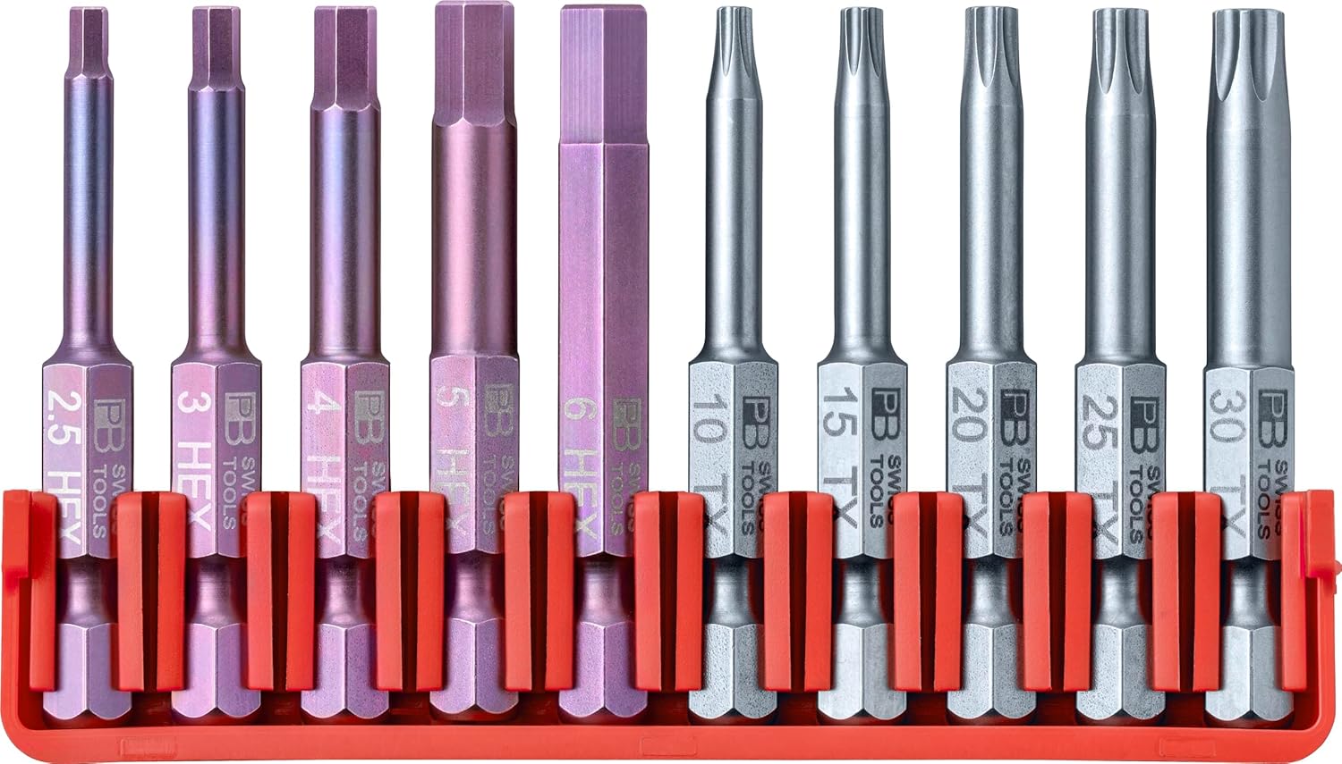 PB Swiss Tools Torx Hex Bit Block PB E6.704 CN | 100% Swiss Made | 10-Piece Bit Set with Long E6 1/4" PrecisionBits, Sized Torx T10-T30, Hex 2.5-6 mm