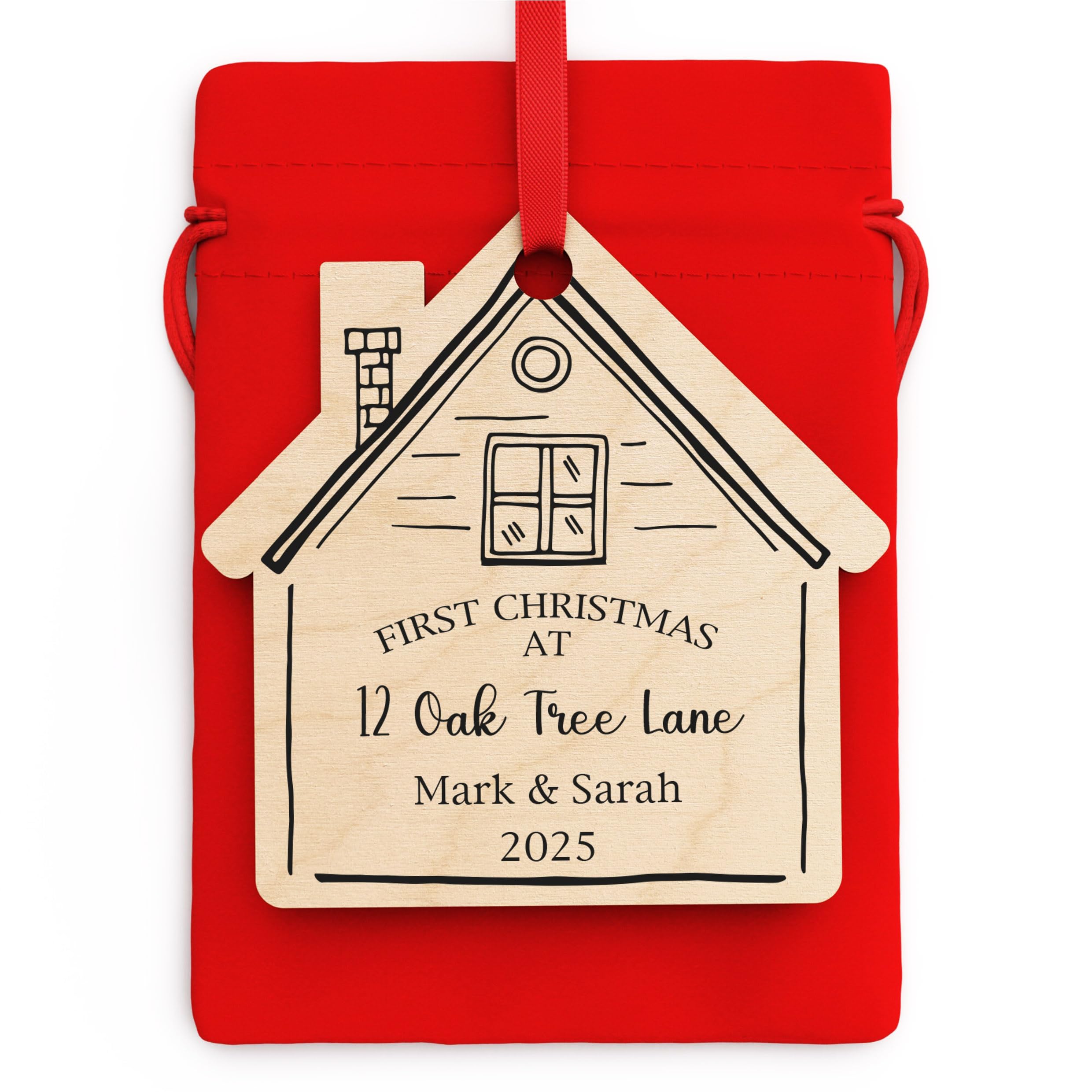 Beecreative Personalised 1st First Christmas In New Home Christmas Ornament, New House Gift For Him Her, Housewarming Present, Wooden House Decoration With Red Bag