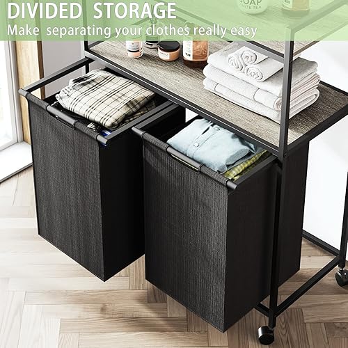 Miniatura 3 de Huhaneon Cesta de lavandería con ruedas, cesta de lavandería, muebles de baño con 2 bolsas extraíbles y extraíbles, 2 estantes, capacidad de 12
