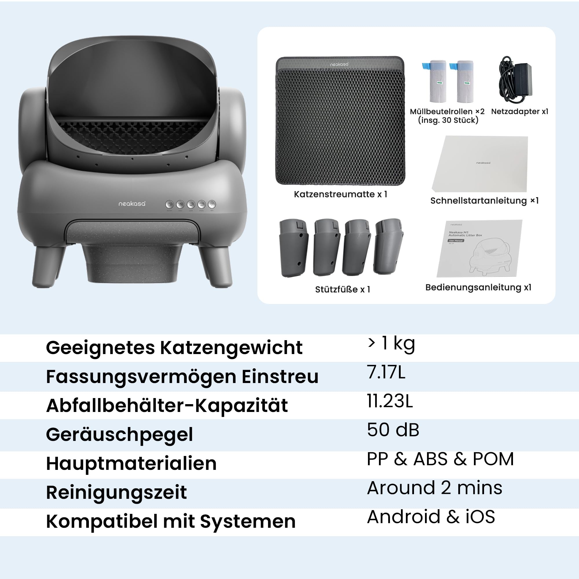 Neakasa M1 Plus Selbstreinigende Katzentoilette mit offenes Design, XXL Kapazität Katzenklo, App-Steuerung, sicher, geruchsfrei und hygienisch, mit Katzenstreu Matte, Cat Litter Box für mehrere Katzen