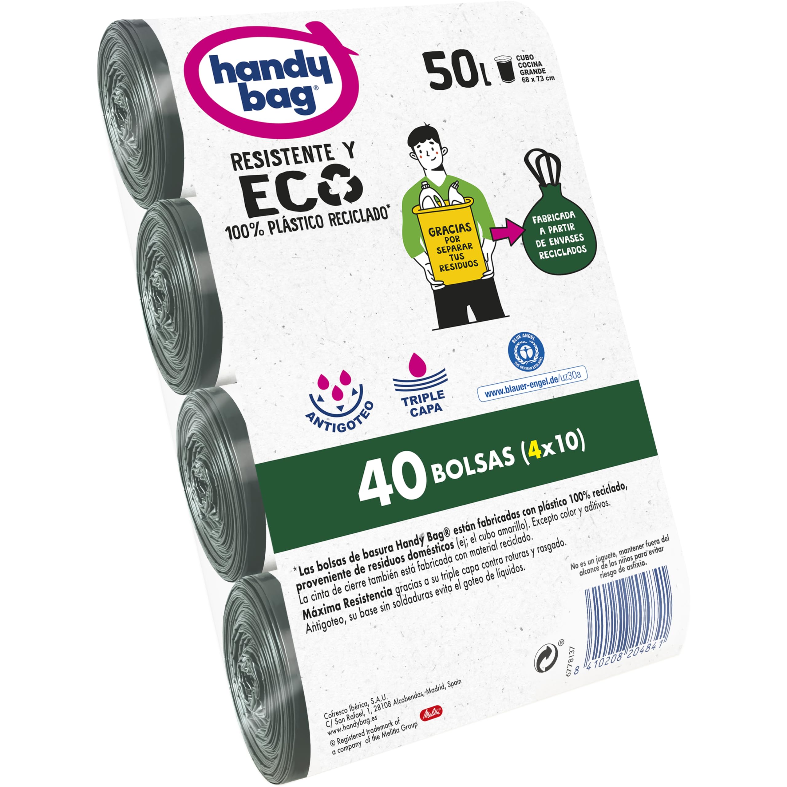 Handy Bag Bolsas de Basura 50L, 100% Reciclado, Extra Resistentes, 40 Bolsas