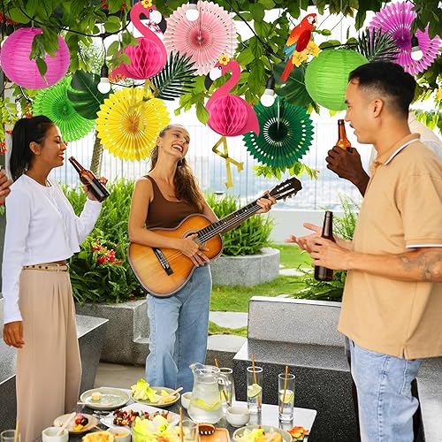 Miniatura 5 de Decoraciones de fiesta de flamenco tropical, kit de fiesta de hojas de palma de loro, incluye linternas de papel de nido de abeja de flamenco,