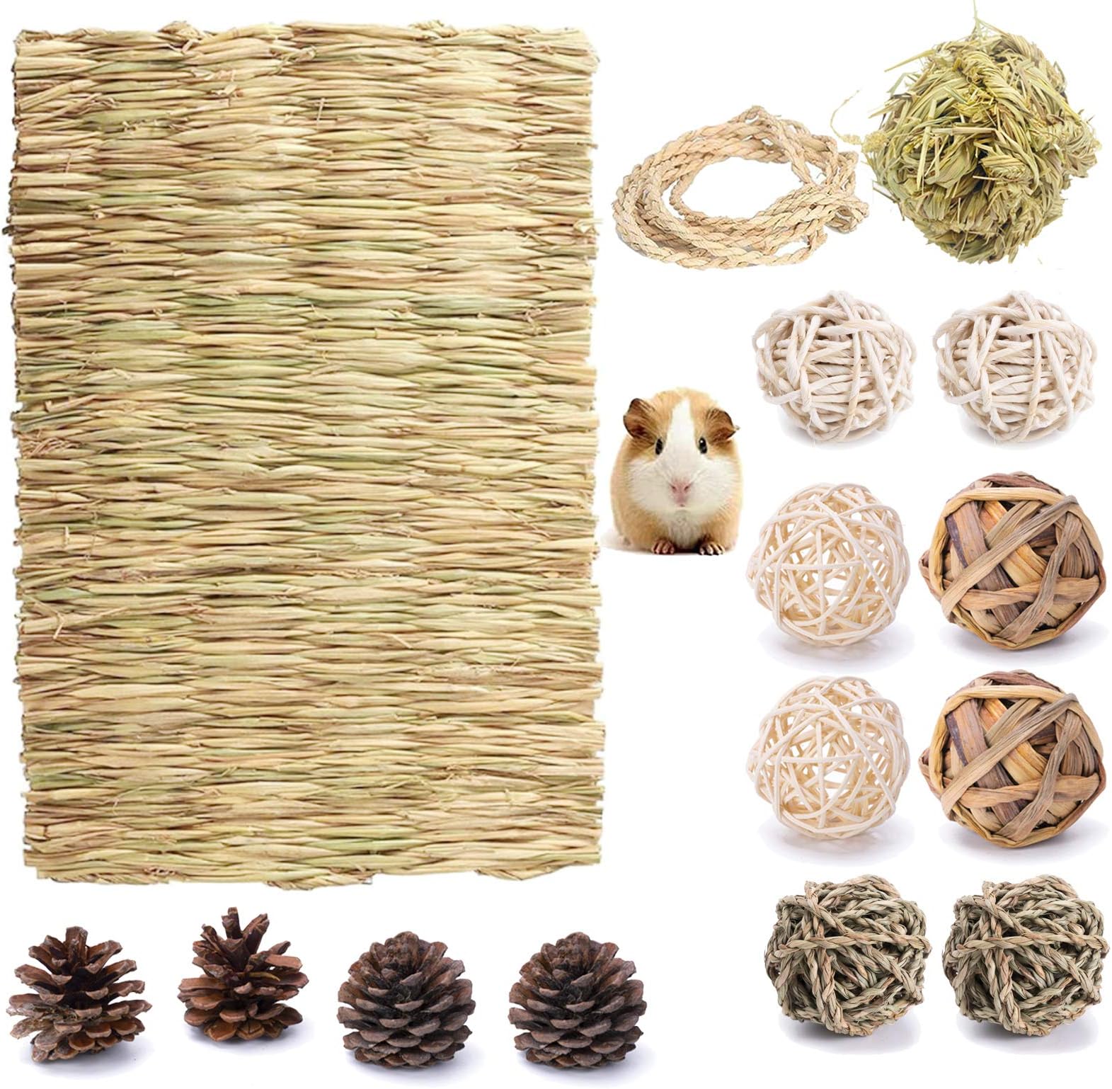 JMMTAAG Fansisco Handmade Small Animal Activity Toys with Hay Timothy Grass Ball Rattan Ball Seagrass Ball, Water Hyacinth Ball and Chew Toys for Hamster Guinea Pigs Gerbils Bunny Chinchilla (style1)
