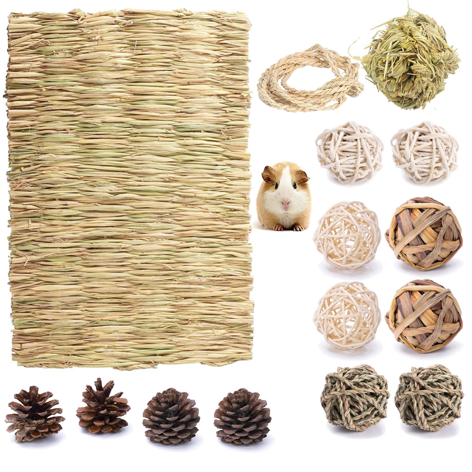 JMMTAAG Fansisco Handmade Small Animal Activity Toys with Hay Timothy Grass Ball Rattan Ball Seagrass Ball, Water Hyacinth Ball and Chew Toys for Hamster Guinea Pigs Gerbils Bunny Chinchilla (style1)