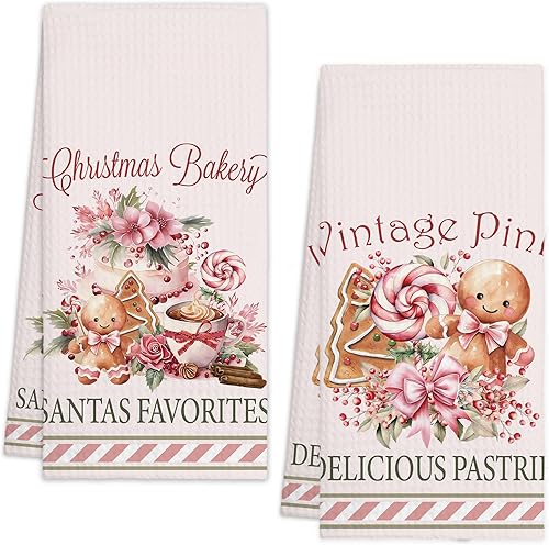 Miniatura 13 de Toallas de cocina de Navidad - Rosa, toallas de mano absorbentes con diseño de moño de Papá Noel y cuadros de búfalo, decoración festiva de invierno