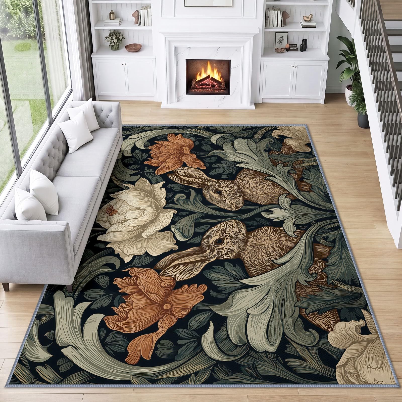 Generisch Tappeto per soggiorno, 120 x 170 cm, antiscivolo, a pelo corto, motivo: coniglio, lavabile, per camera da letto, casa, ufficio, piante, verde chiaro