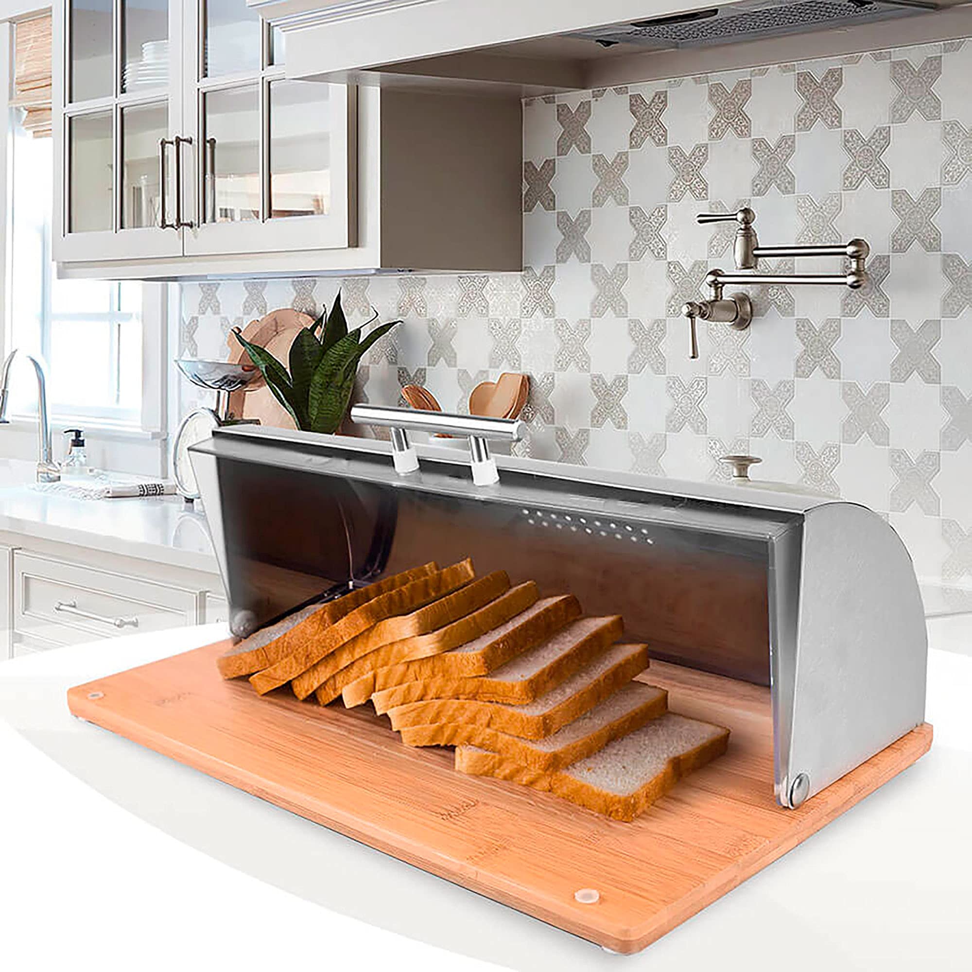 Maestro MR-1670S Panera de Mesa para Guardar Pan, Tapa Deslizante, Contenedor para Almacenamiento Pan y Bollería, Diseño Elegante, Acero Inoxidable, Madera, Acrílico, Bread Box