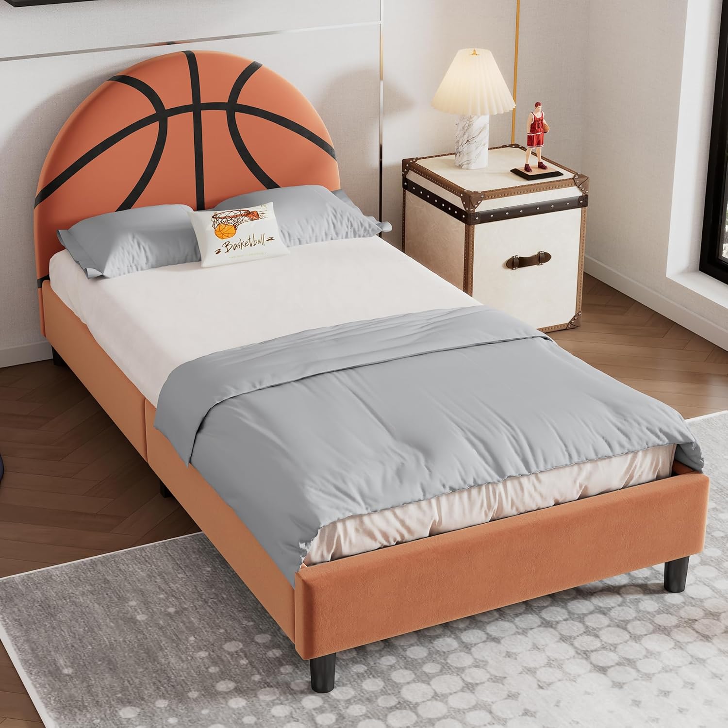 SOFTSEA Basketball Design Platform Bed, Sport Style Bed for Teens Boys, Twin Size Wood Bed Frame with Upholstered Headboard for Bedroom, Basketball Shaped Upholstered Bed for Kids, Orange