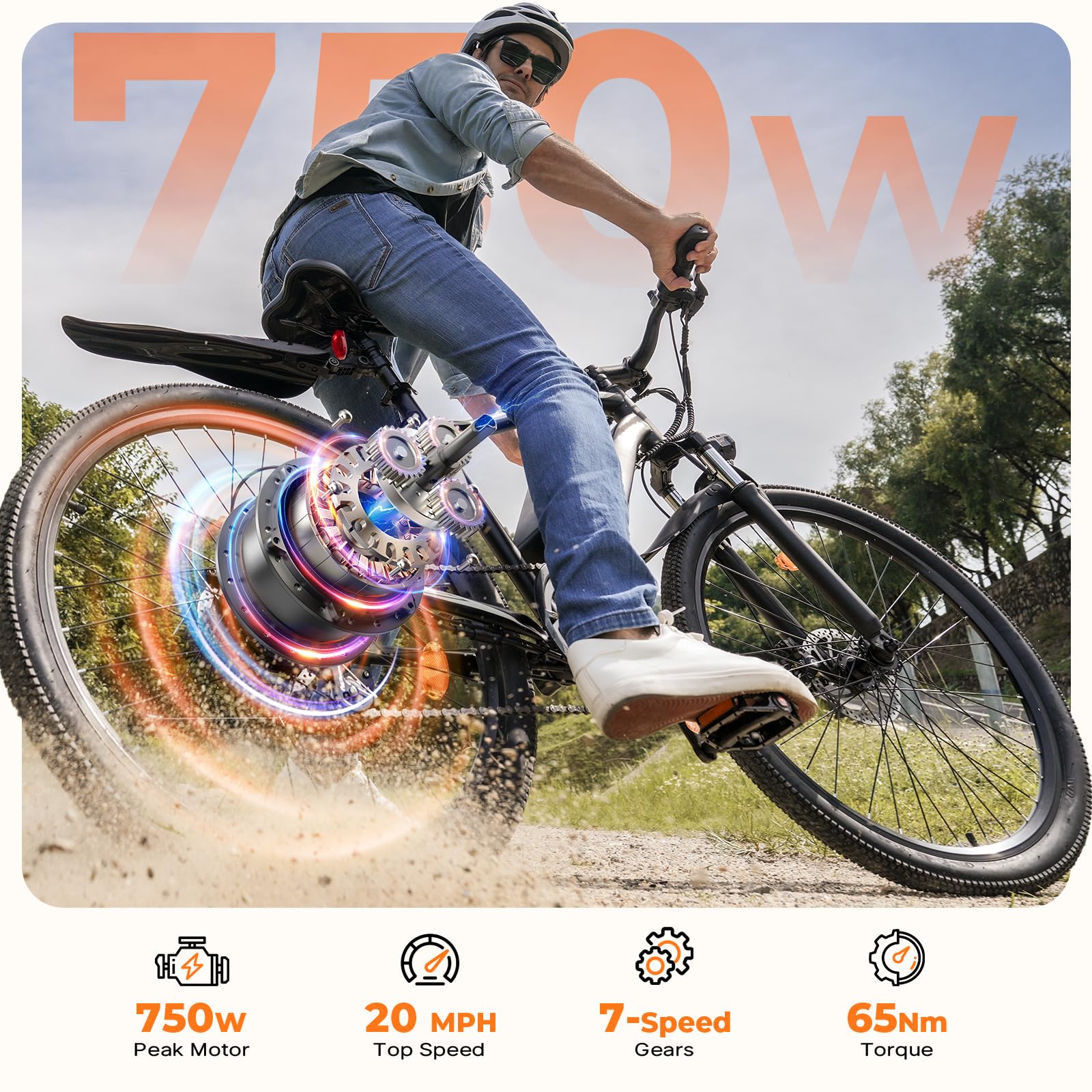 Electric Bike, 1000W/750/500W Peak Motor, 20MPH & 60/55 Miles, 26''/20'' Tires, Removable Battery, 7/5 Speed E-Bike, Dual Disc Brakes, Shock Absorber, Commuting Electric Bicycle for Adults