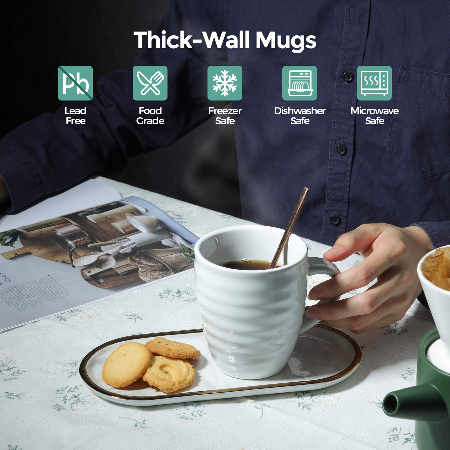 Comsaf Juego de Tazas de Café, 6 piezas Tazas de Desayuno en Cerámica, Juego de Tazas Infusiones con Mango, Copa de Té para Avena, Chocolate Leche y Cereales(Blanco)