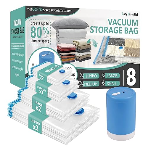 Cozy Essential 8 Pack Travel Vacuum Storage Bags with Rechargeable Wireless Electric Pump for Luggage, Suitcase, Carry-on Size Vacuum Seal Compression Space Saver Bags for Clothes and Clothing Travel