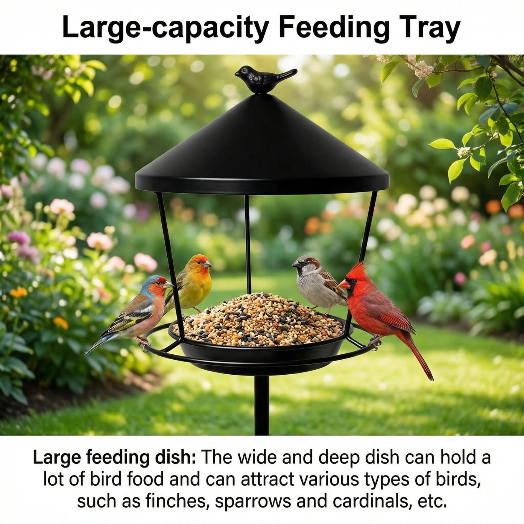 Comedero para pájaros con Poste, Soporte Resistente para comedero de pájaros, estaca de Hierro Forjado con Bandeja Ancha para Semillas para jardín, Patio, no Requiere Montaje (Negro)