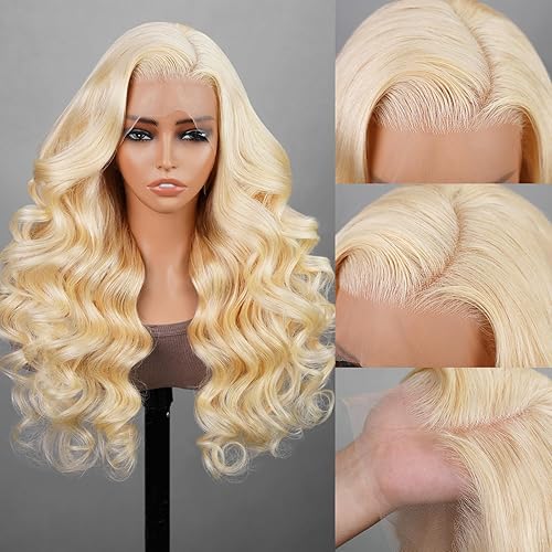 MEGALOOK Pelucas de cabello humano rubio 613 con encaje frontal sin pegamento, precortadas de 13 x 4, peluca de encaje frontal HD de 13 x 4,