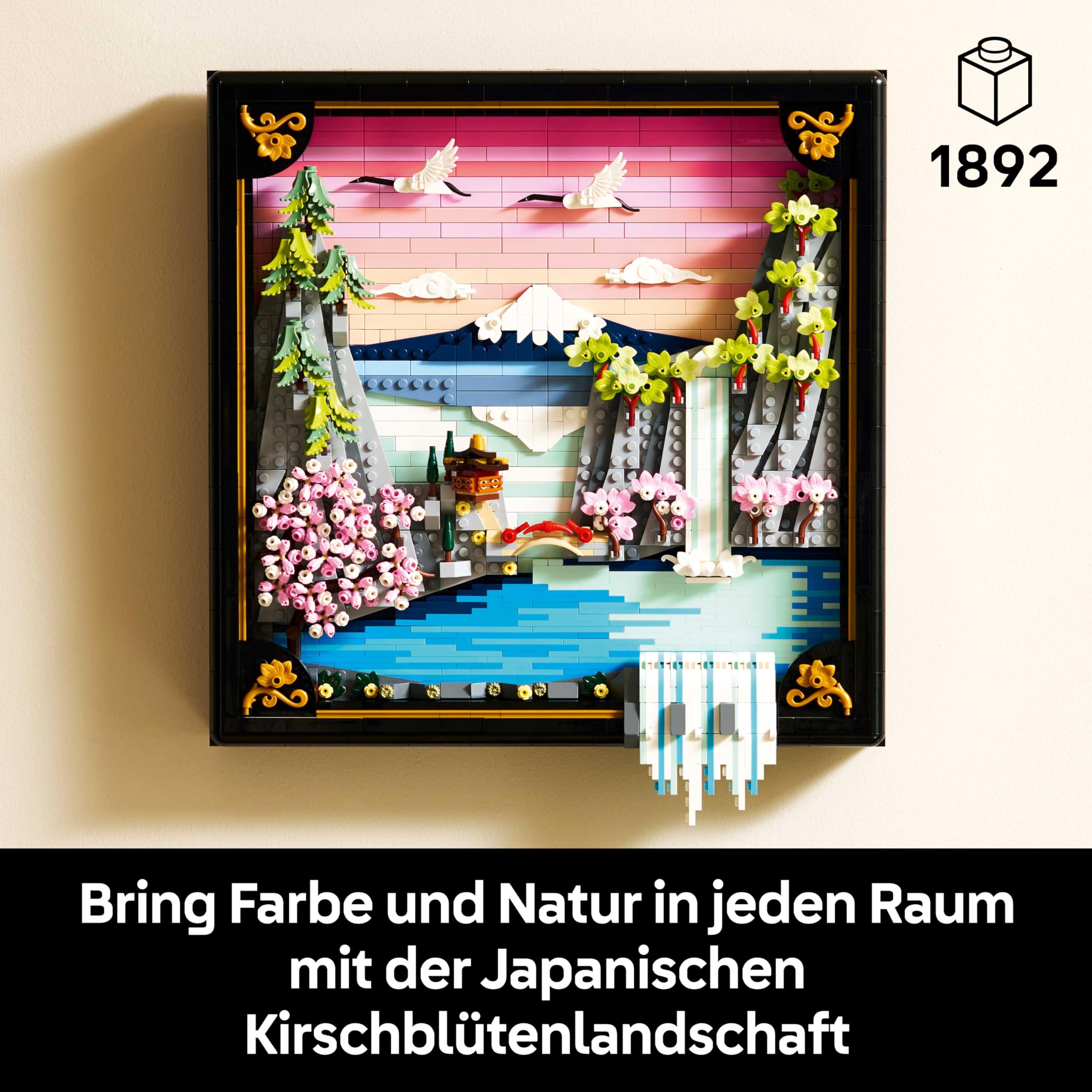 LEGO Art Japanische Kirschblütenlandschaft - DIY Set - Bauset für Erwachsene - 3D Wandkunst im Rahmen mit dem Fuji-Berg, Sakura (Kirschblüten) und Wasserfall - Geschenk für Männer und Frauen - 31218