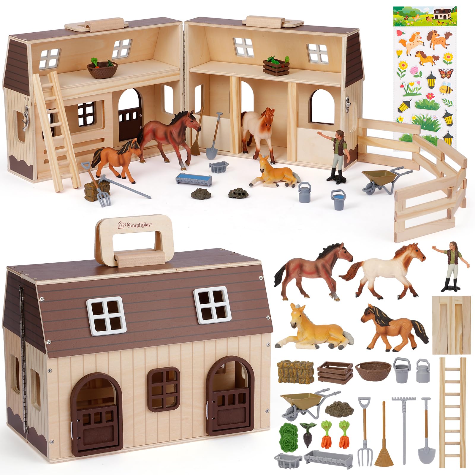 SIMPLIPLAY Horse Toys with Large Portable Wooden Stable Playset
