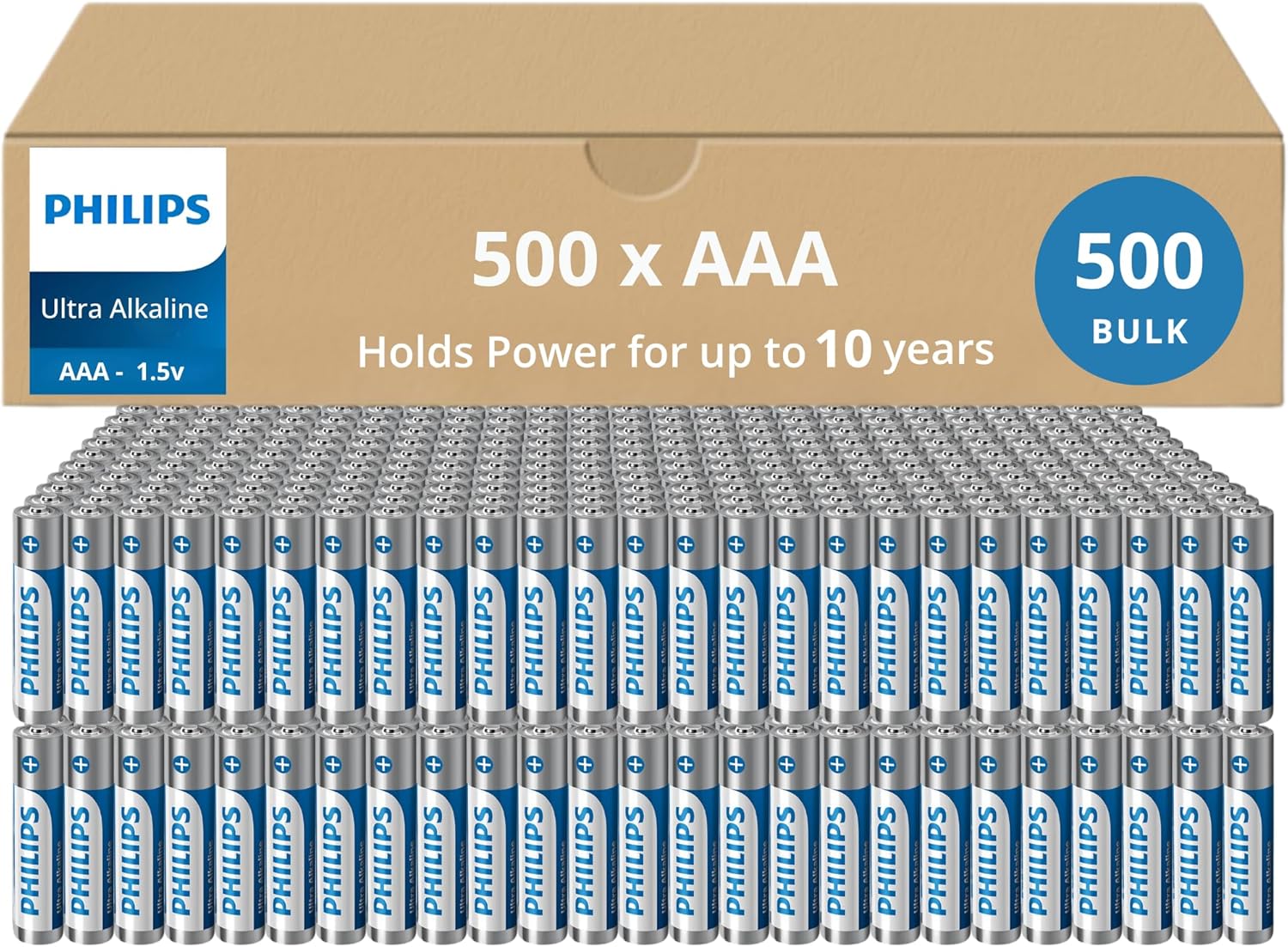 Philips AAA Batteries 500 Bulk Pack, 1.5v Ultra Alkaline Batteries, 10-Year Shelf Life, Long-Lasting AAA Battery, 129% More Power for Your Devices, Leak-Proof, Premium Performance.