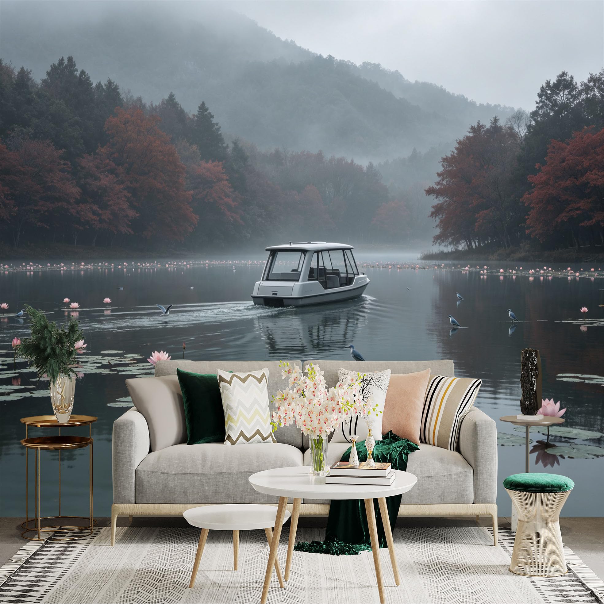 Custom Size Wall Sticker Mural， Boat Sailing on Misty Lake with Water Lilies， Autumn Forest Scenery， for wall Decoration， peelandstick wall Decals.