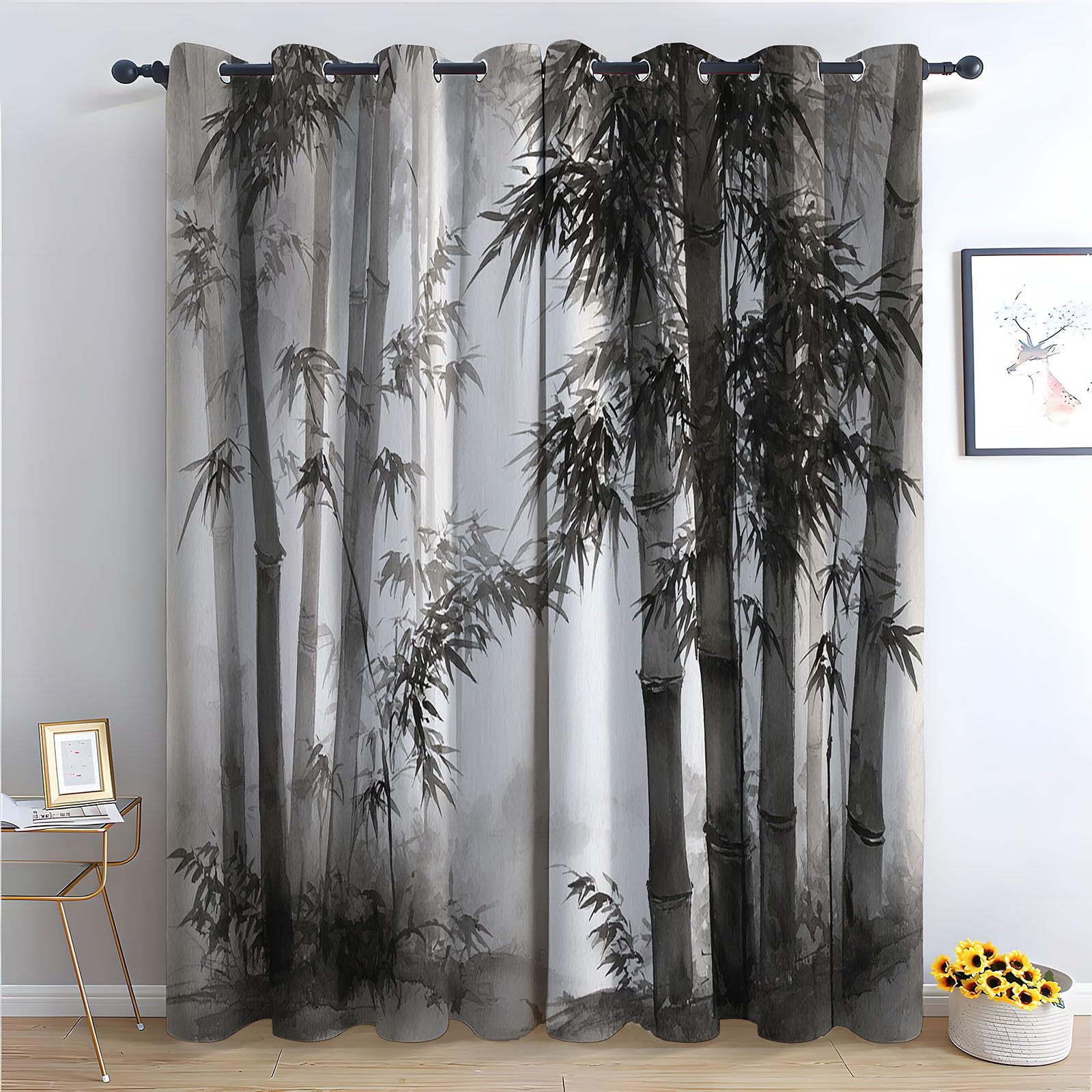 WQBQKKX Abstract Line Curtains Long for Living Room Ink Painting Eyelet Curtain Botanical Thermal Insulated Noise Reducing Drapes Window Treatment-52 W x 72" L (Pack of 2)