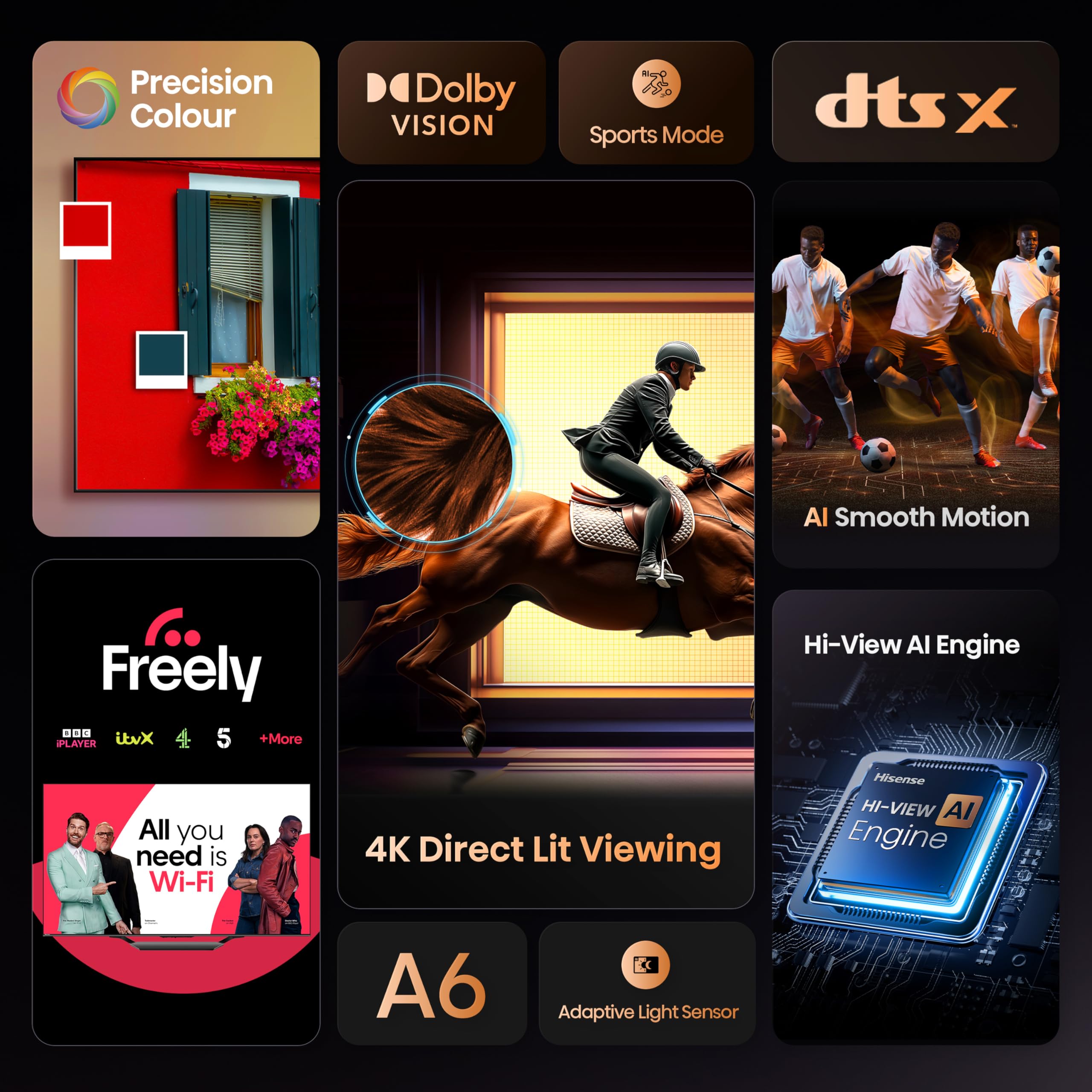 Hisense 43" 43A6QTUK 4K Ultra HD Smart TV AI TV - 4K UHD, Hi-View AI Engine, Precision Colour, AI Smooth Motion, Sports Mode with Freely, Disney +, YouTube, Netflix — view 5