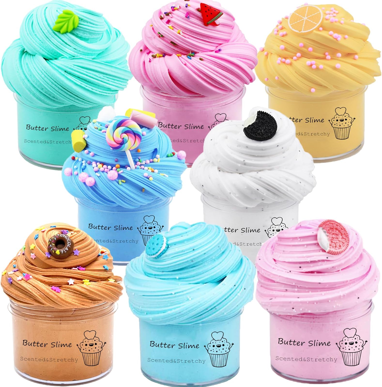 Butter Slime Kit for Girls 8 Pack, Party Favors with Watermelon, Coffee, Mint, Candy, and Lemon Slime, Stretchy and Non-Sticky, Stress Relief Toy for Boys, Easter Basket Stuffers