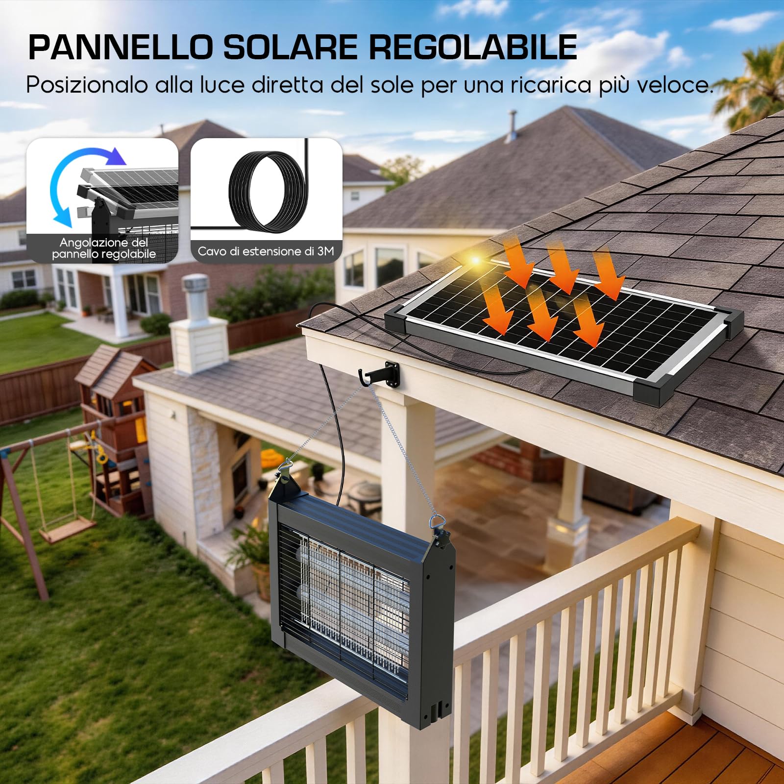 Lampada Antizanzare Solare, Zanzariera Elettrica 4500V da Esterno con Sensore del Pannello, Anti Mosche Elettrico Impermeabile, Ideale per Patio, Giardino e Campeggio (Nero)