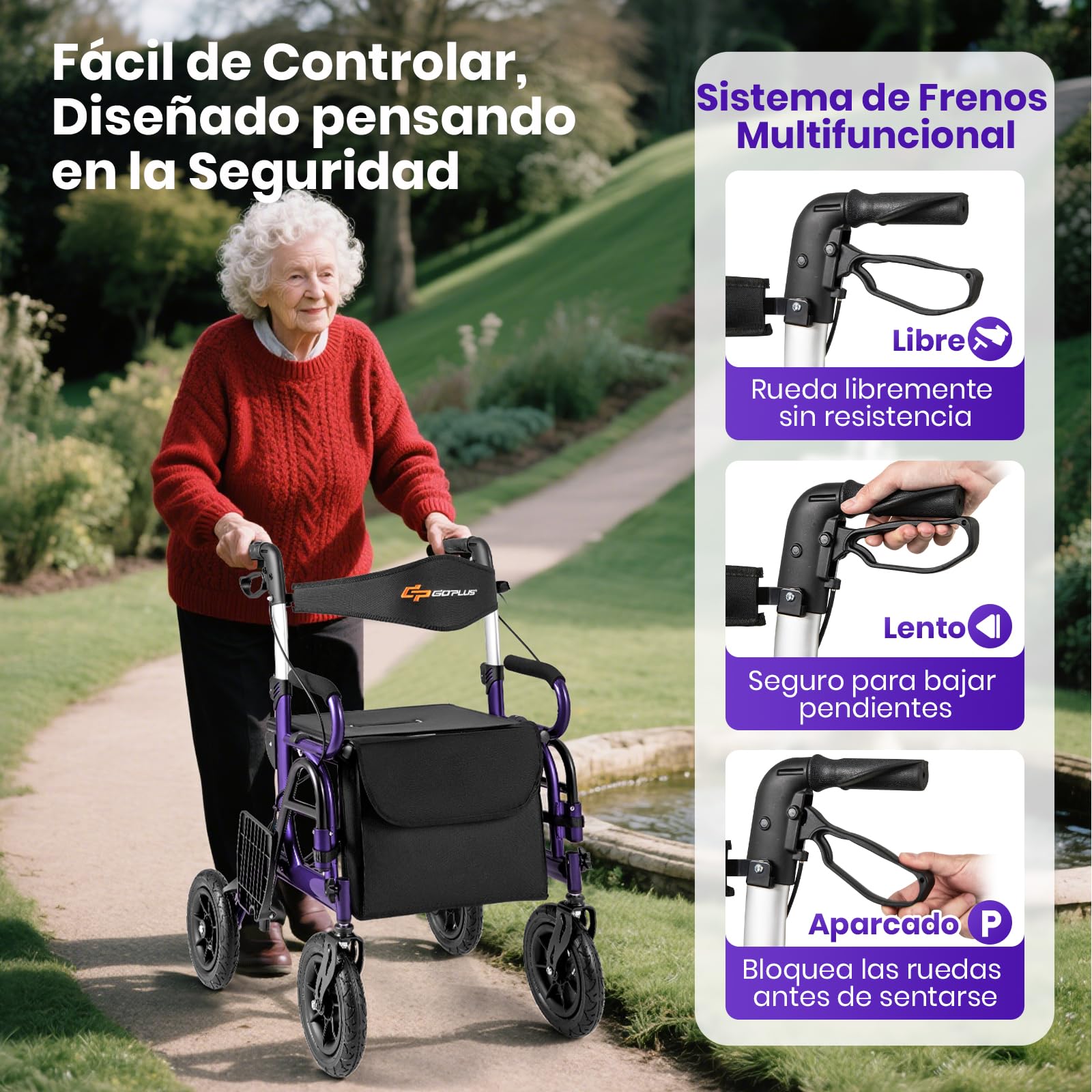 GOPLUS 2 en 1 Andador para Ancianos, Silla con Ruedas de Aluminio Ligero, Alturas Ajustables, Neumáticos para Todo Terreno, Caminadores para Mayores/Discapacitadas (Violeta)