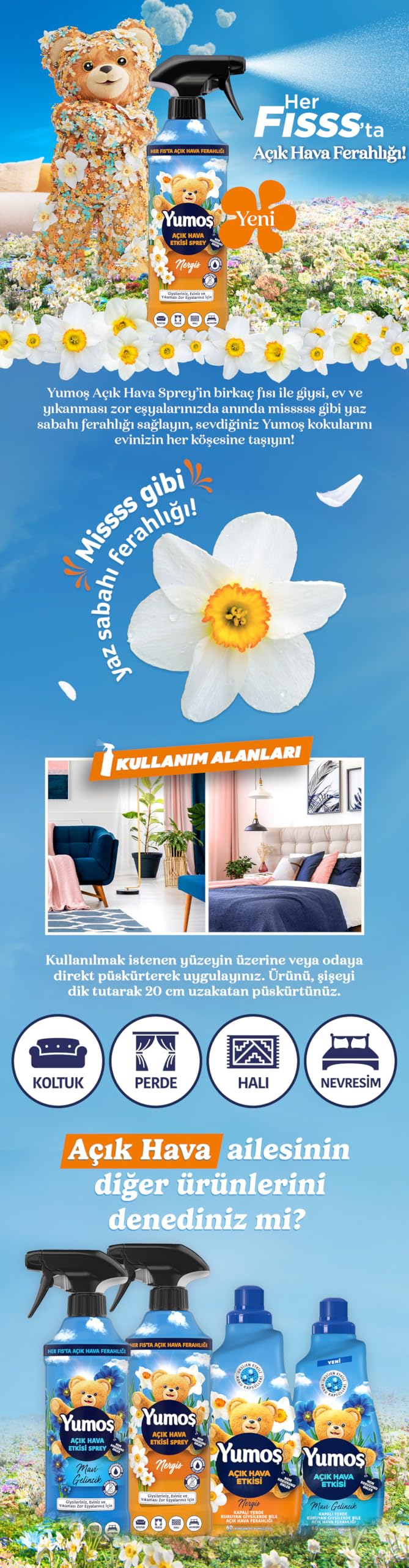 Yumoş Açık Hava Etkisi Sprey Yıkanması Zor Eşyalar İçin Giysi Spreyi Nergis 430 Ml