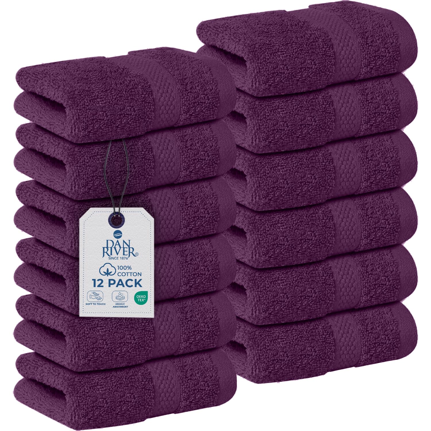 DAN RIVER 12-Pack Premium 100% Cotton Purple Passion Face Towels for Bathroom - Reusable Face Wash Cloths for Showering 12 X 12 Inches - 550 GSM Super