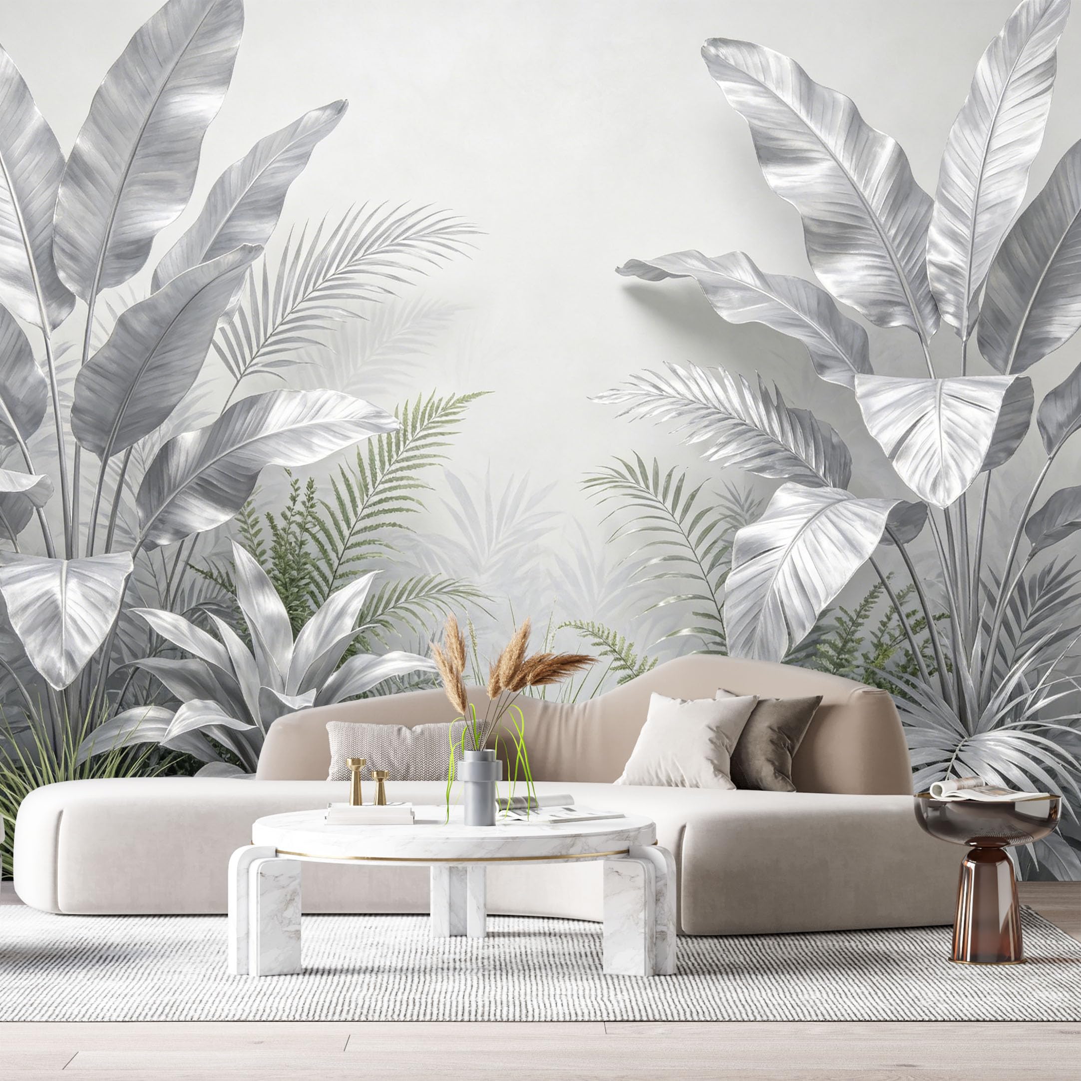 Custom Size Wall Murals Botanical Tropical Leaves Monochrome Minimalist Jungle SelfAdhesive Wall Fabric Removable Large Wallpaper for Photo Living Room