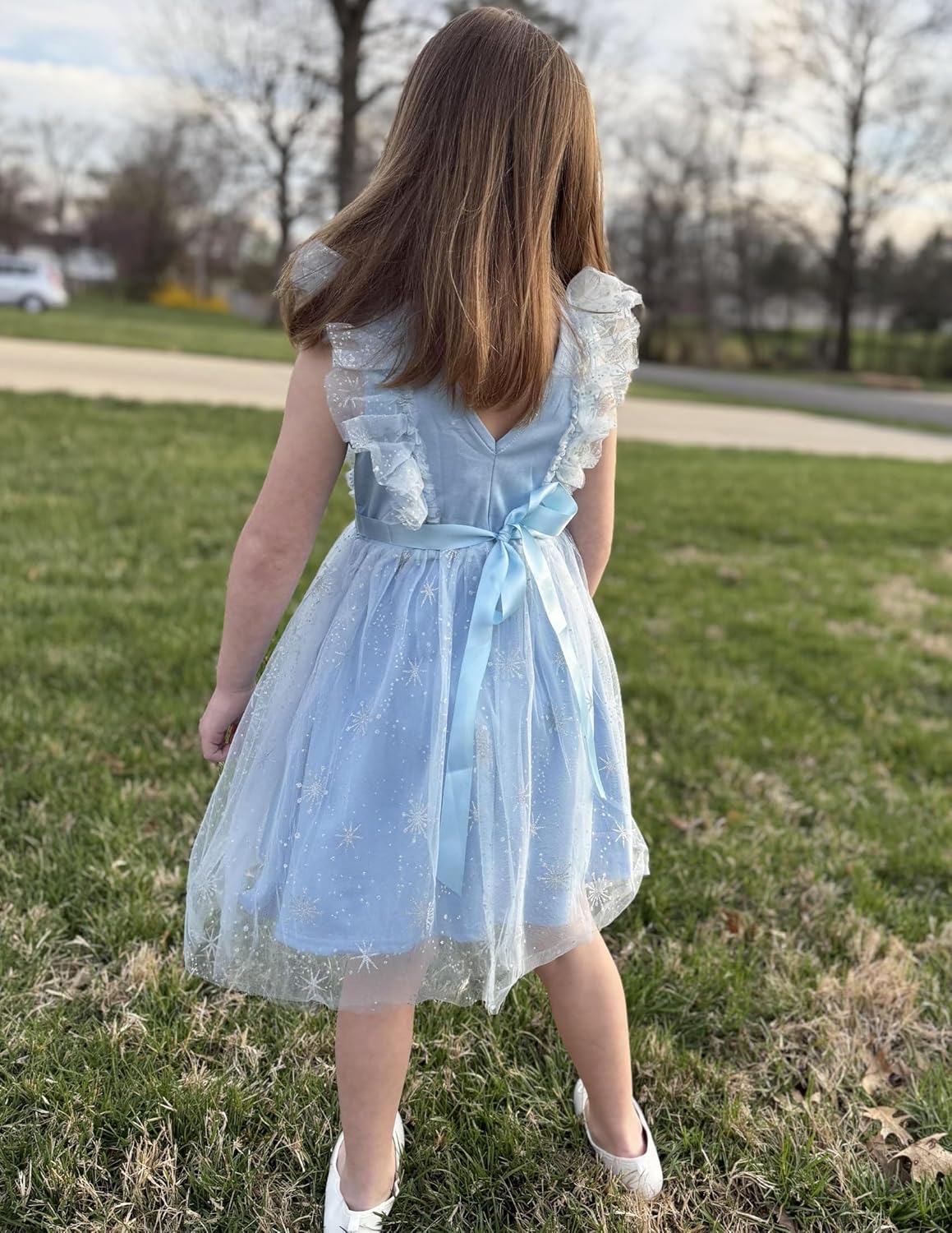Arshiner Toddler Dress Summer Ruffle Sleeve V-Back Tie Waist Flower Girl Dresses Wedding Tulle Outfit 2-8Y - Image 6