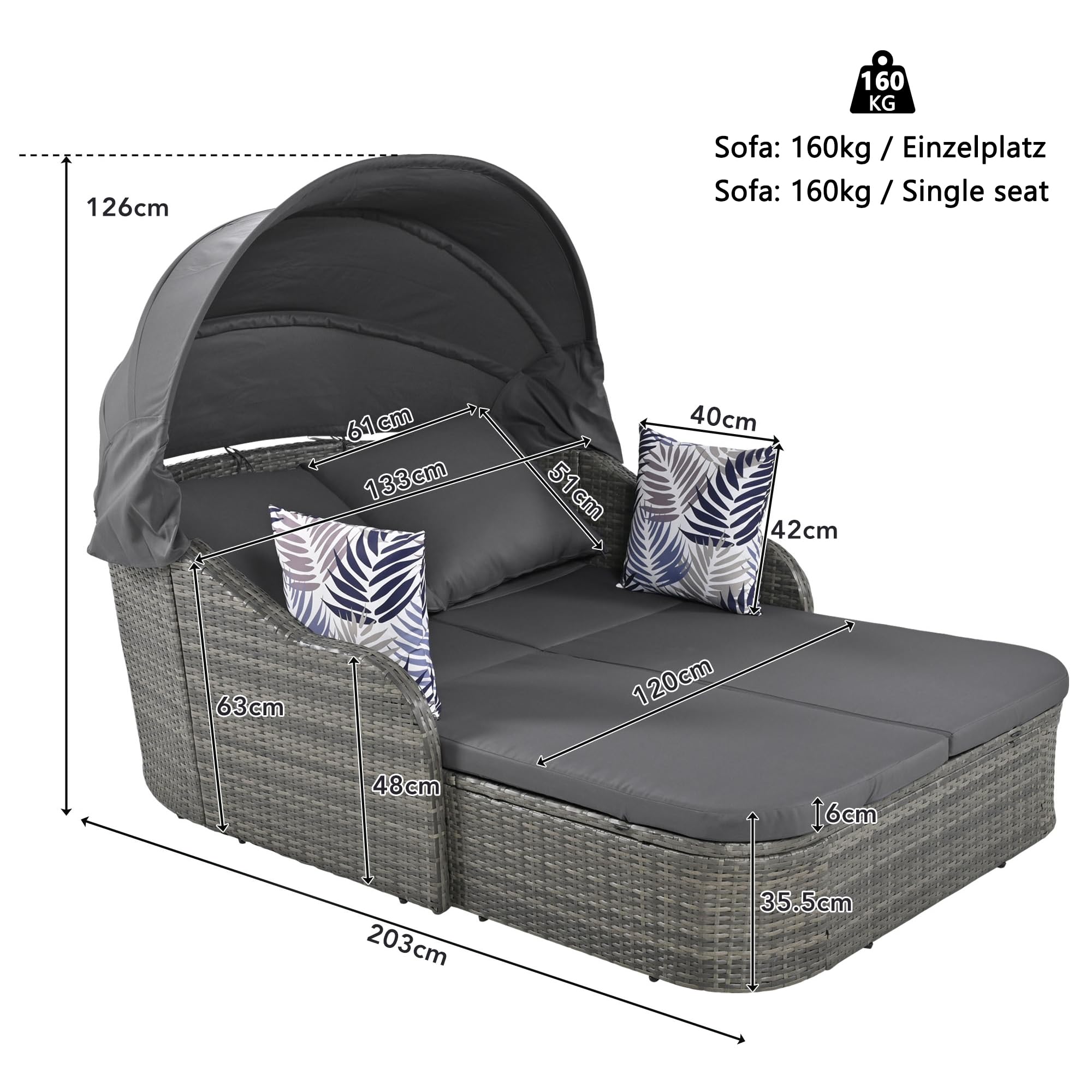 Lubvtti Juego de salón de jardín, sofá de exterior, ratán PE con techo ajustable, sofá cama de 2 plazas con 4 cojines y cojín desenfundable, muebles de jardín, doble salón, gris