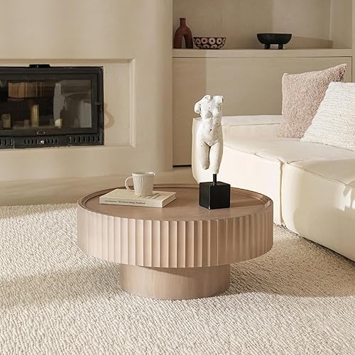 Miniatura 5 de Mesa de centro redonda, de tambor estriado de 30.3 pulgadas, mesa moderna para sala de estar, mesas centrales circulares de madera gris con