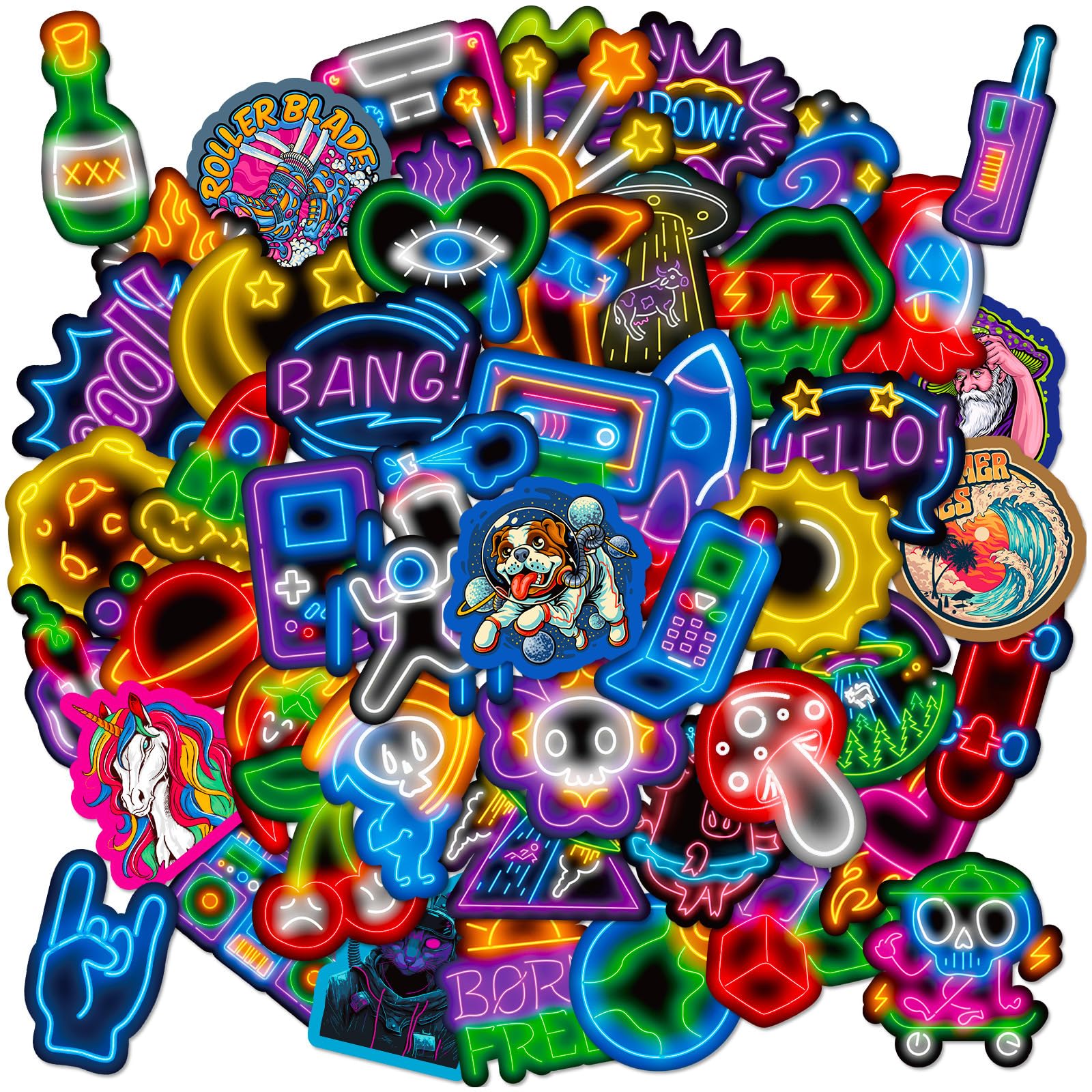 50 PCS Neon Light Stickers – Cool Waterproof Decals For Water Bottles, Laptops, Skateboards