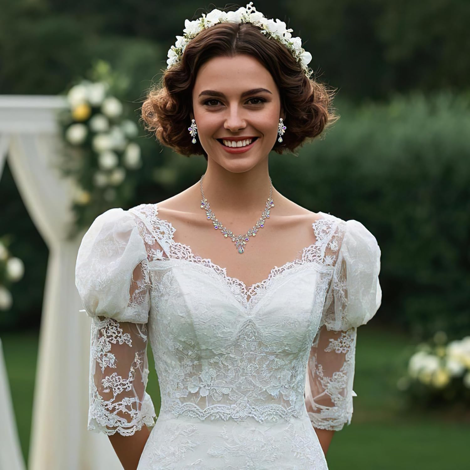 BriLove Women's Wedding Jewelery Set Leaf Flower Crystal Teardrop Marquise Cluster Pendant Necklace Dangle Earrings for Bridal Party - Image 2