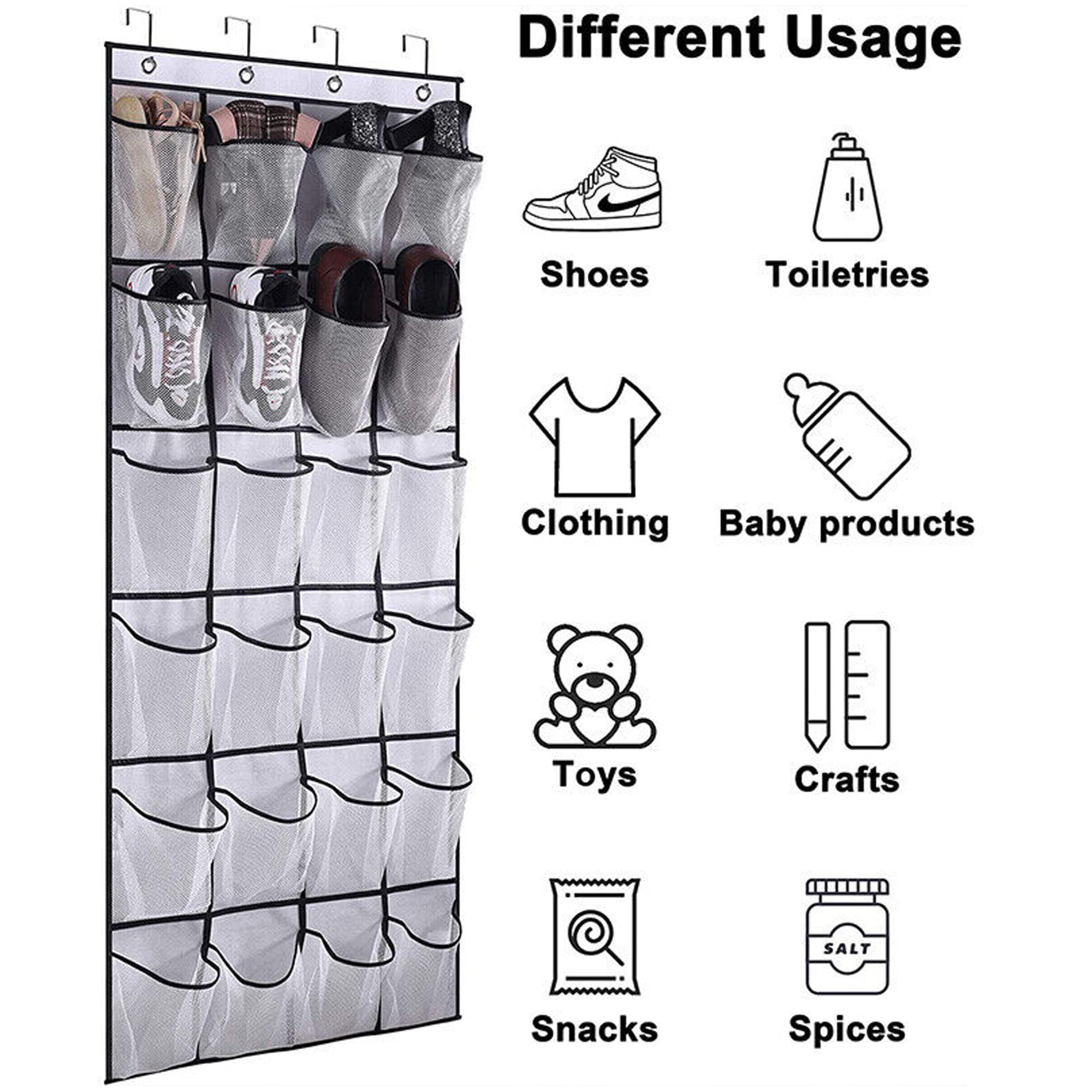 plastific Over the Door Shoe Storage Organiser Hanging Shoe Rack Holder Bag Wall Mounted with 24 Large Mesh Pockets for Wardrobe Door Slippers Tidy with Hanger (White) - Image 4