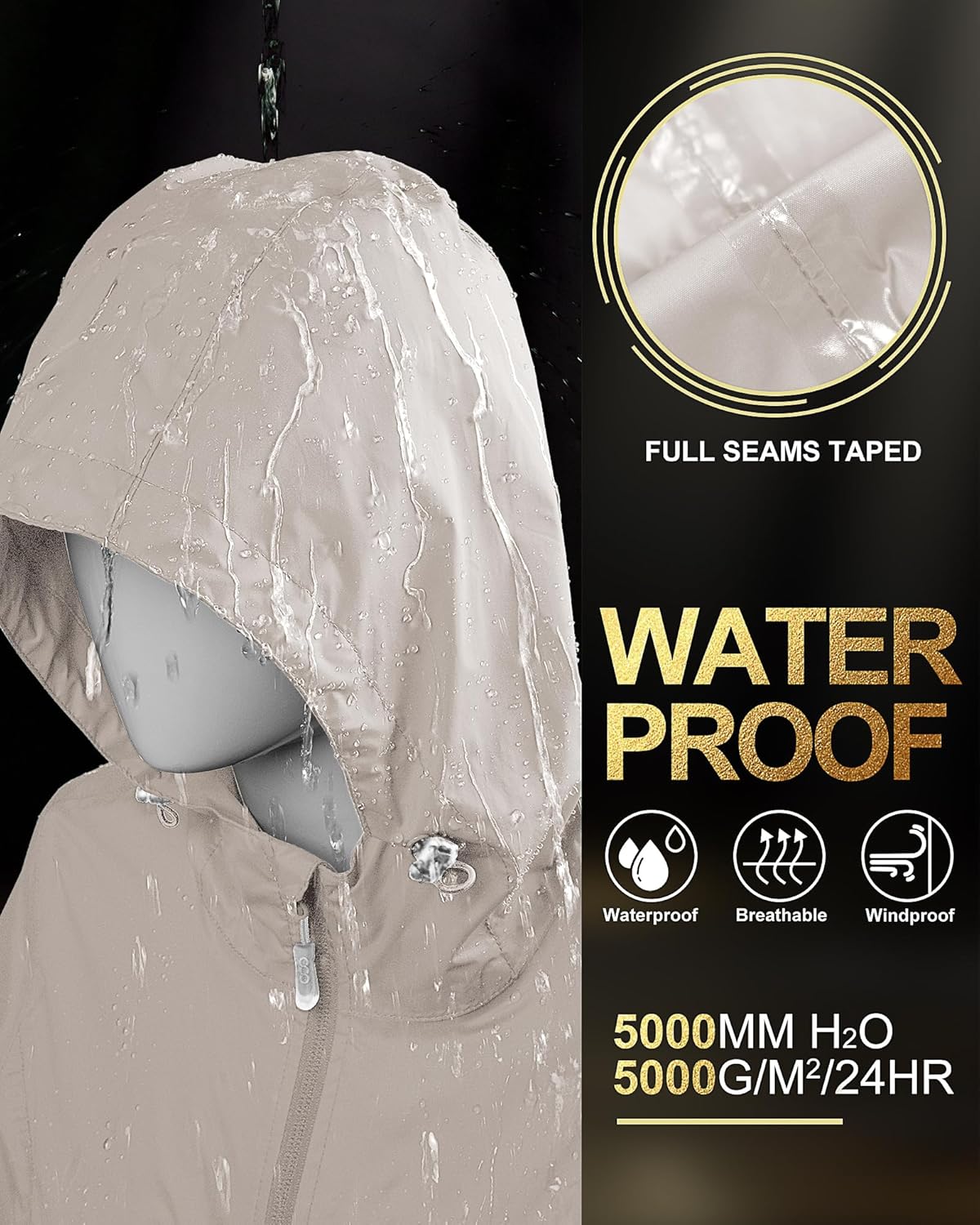 33,000ft Women's Waterproof Long Rain Coats Packable Rain Jacket with Hood Trench Coats Windbreaker - Image 3
