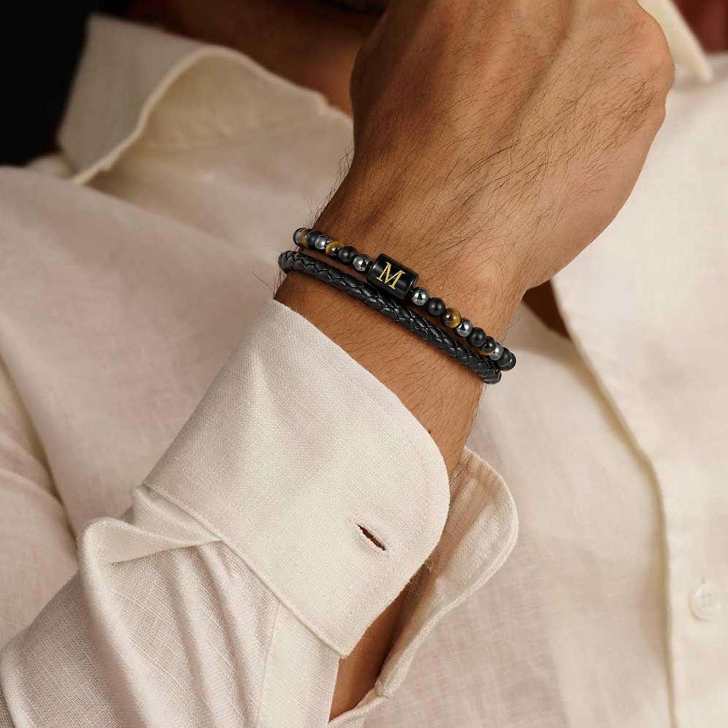 Leather Mens Bracelet Initial Bracelets for Men Gifts for Men | Leather Bracelets for Men,Initial Bracelet,Mens Beaded Bracelet,Birthday Gifts for Husband Boyfriend Son